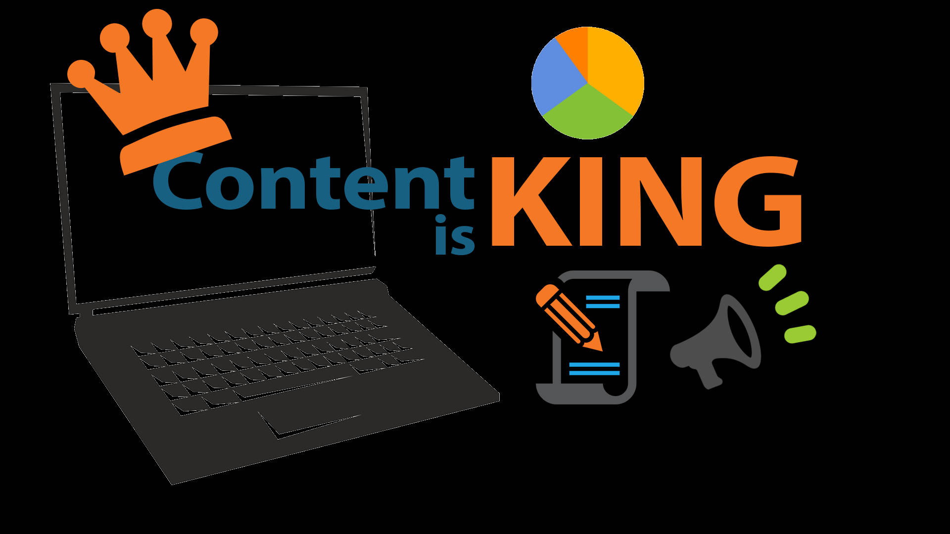 Content 桌布 壁紙 — 一部黑色筆記型電腦顯示「Content is KING」字句，上方有皇冠，周圍有圓形圖、鉛筆和擴音器的圖示。