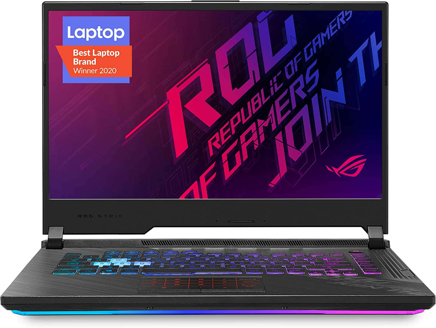華碩 ROG 桌布 壁紙 — 一部黑色電競筆記型電腦，配備RGB背光鍵盤，螢幕以粗體粉紅色和藍色文字顯示「Republic of Gamers」。