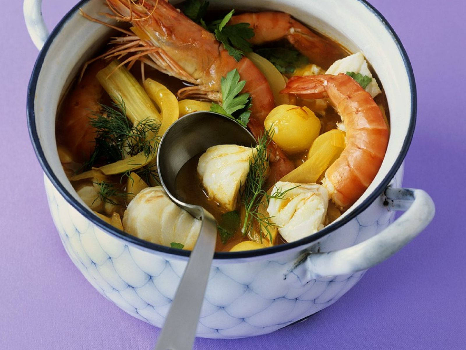 Food Photography 桌布 壁紙 — 一鍋冒著熱氣的海鮮燉菜，有蝦、干貝和茴香，盛在帶圖案的琺瑯碗中。