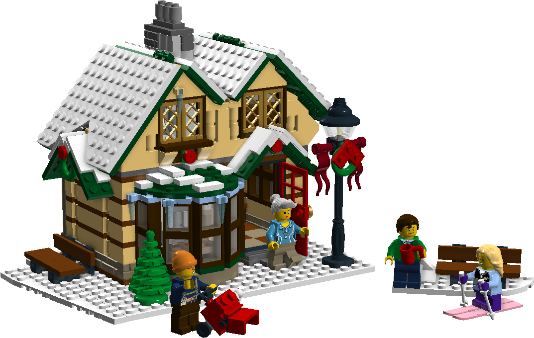Village 桌布 壁紙 — 一間LEGO冬季小屋，屋頂覆蓋白雪，裝飾著節日飾品，周圍有迷你人偶享受節日歡樂。