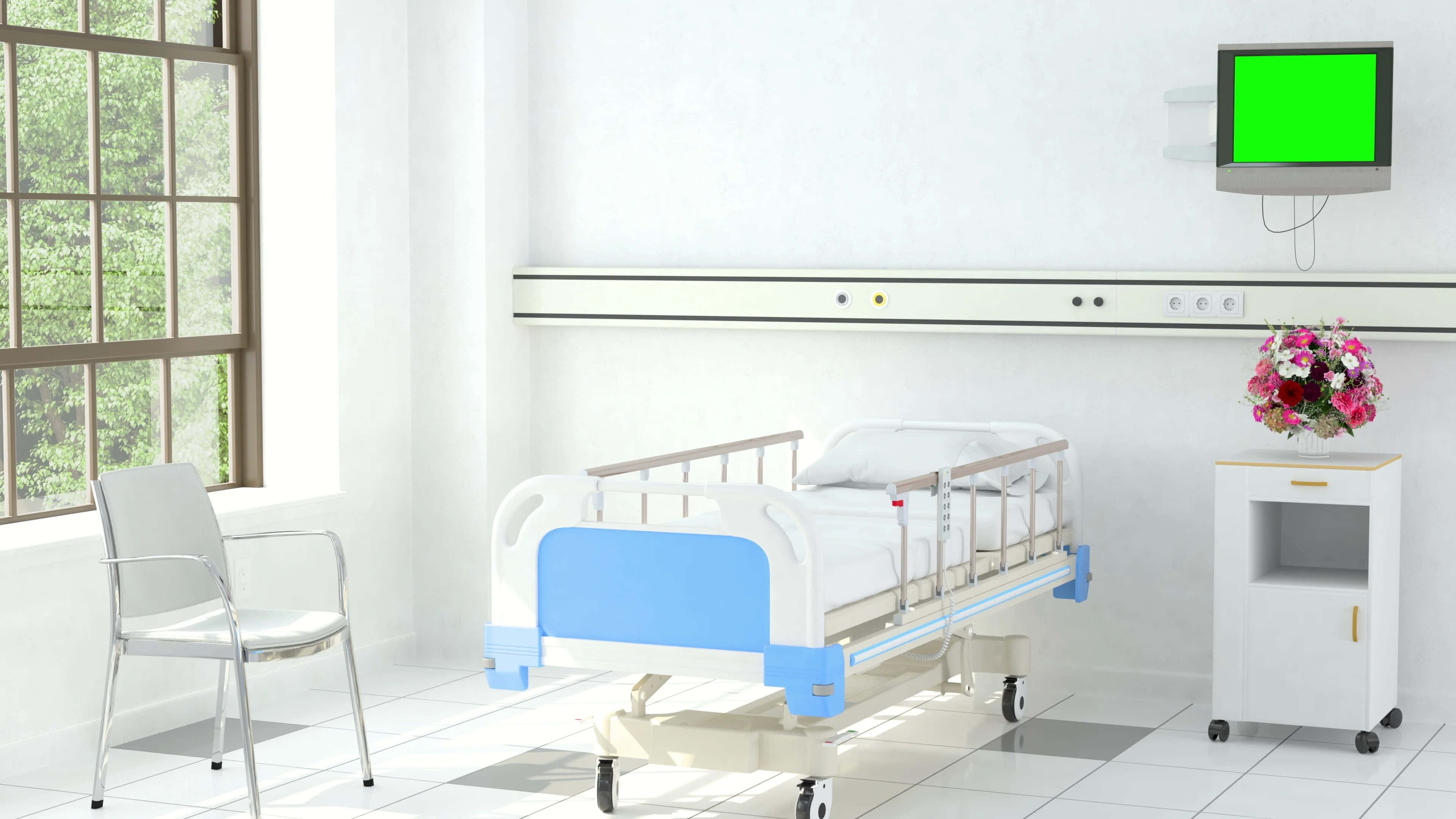 Hospital Bed 桌布 壁紙 — 一間乾淨的醫院病房，內有藍色醫療床、白色椅子和綠色螢幕電視，旁邊是窗戶，窗外有樹木。
