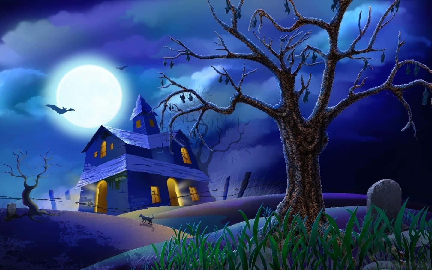 haunted 桌布 壁紙 — 一間令人毛骨悚然的藍色鬼屋在滿月下發光，周圍有光禿禿的樹木和墓地，籠罩在詭異的夜色中。