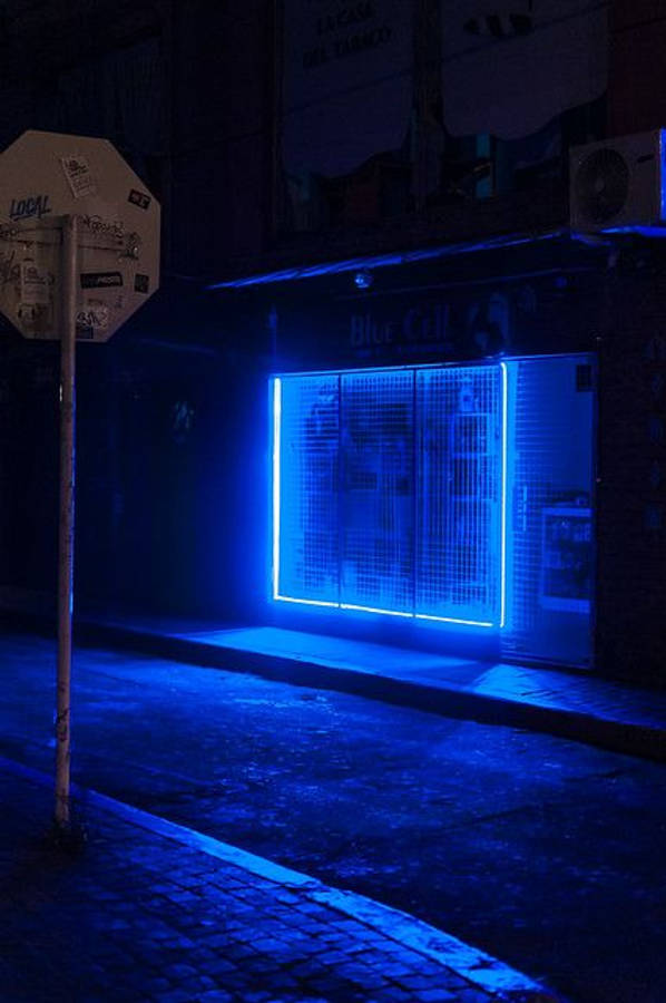 dark blue aesthetic tumblr 桌布 壁紙 — 一間以藍色霓虹燈照亮的店面在夜晚神秘地發光，在濕漉漉的鵝卵石街道上投射出電光般的倒影。