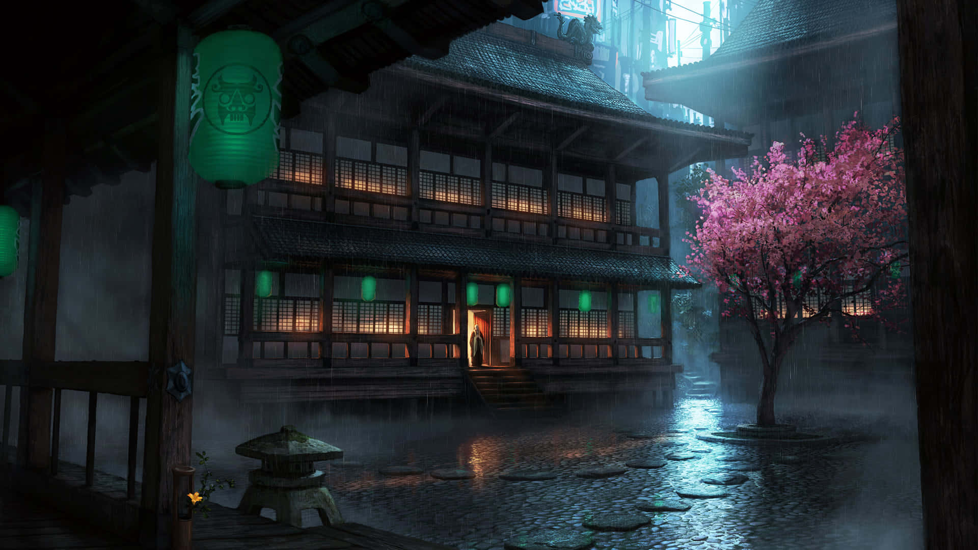 神秘 桌布 壁紙 — 一間傳統日式木屋在雨中溫暖地發光，旁邊有一棵粉紅色的櫻花樹。