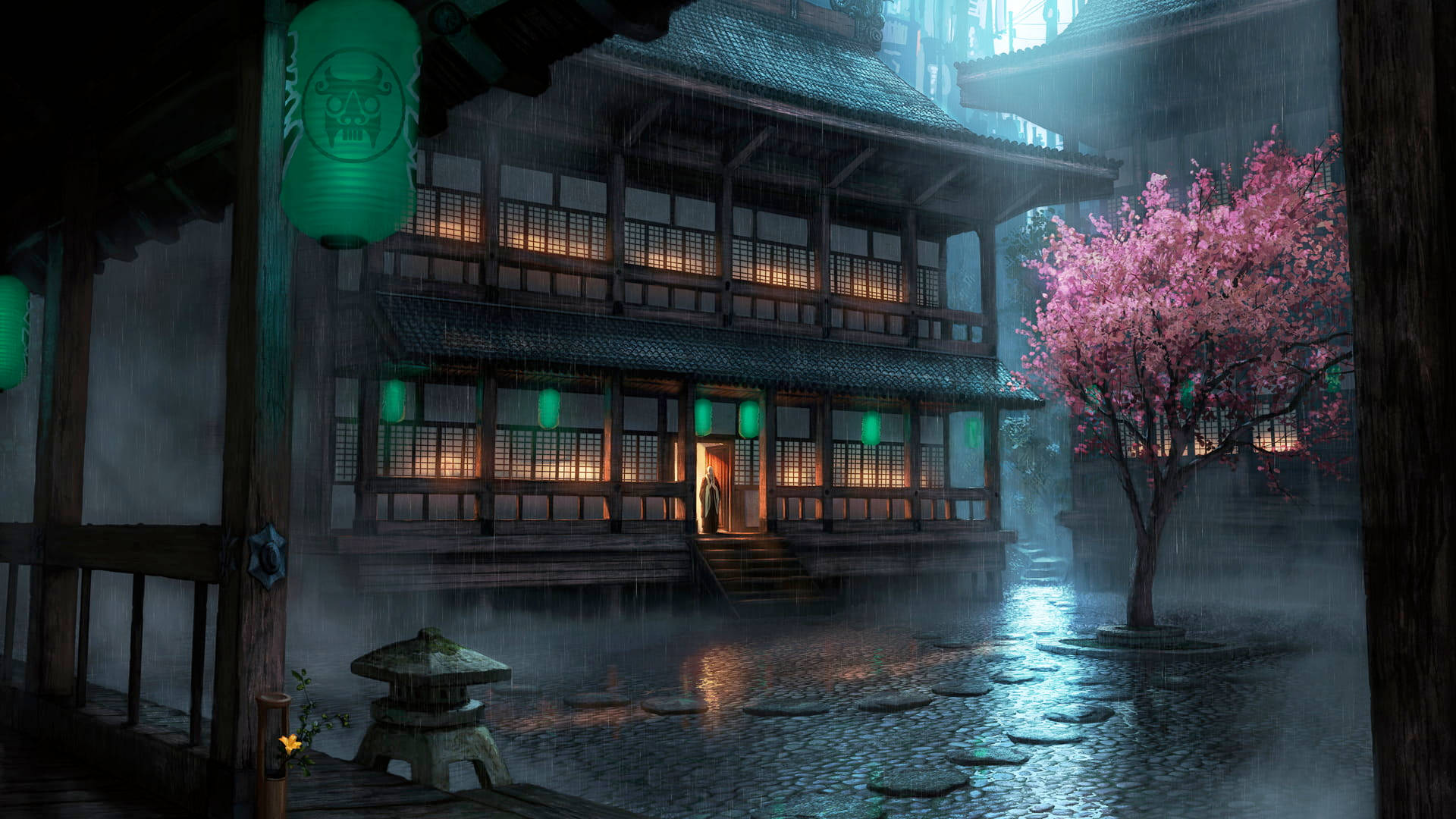 唐人街 桌布 壁紙 — 一間傳統日式木屋在雨中溫暖地發光，旁邊有一棵粉紅色的櫻花樹和一條石徑。