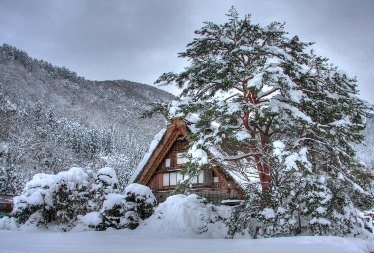High Resolution Snow 桌布 壁紙 — 一間傳統日式木屋坐落於雪覆蓋的森林中，雪覆蓋的樹木和山脈在灰色天空下。