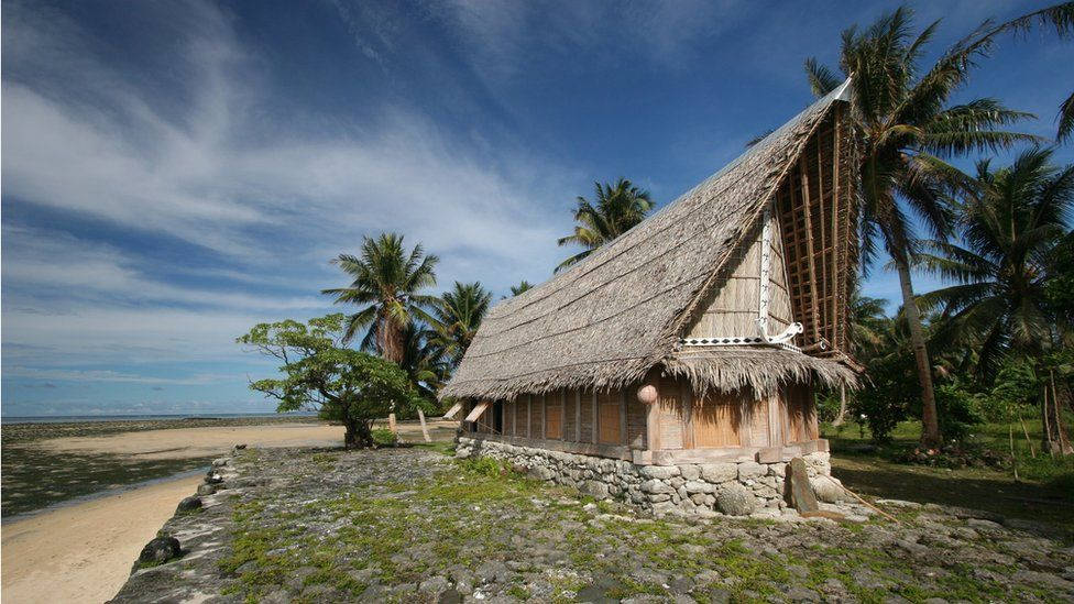 Micronesia 桌布 壁紙 — 一間傳統茅草屋矗立在岩石海岸上，旁邊是棕櫚樹和沙灘，天空湛藍明亮。