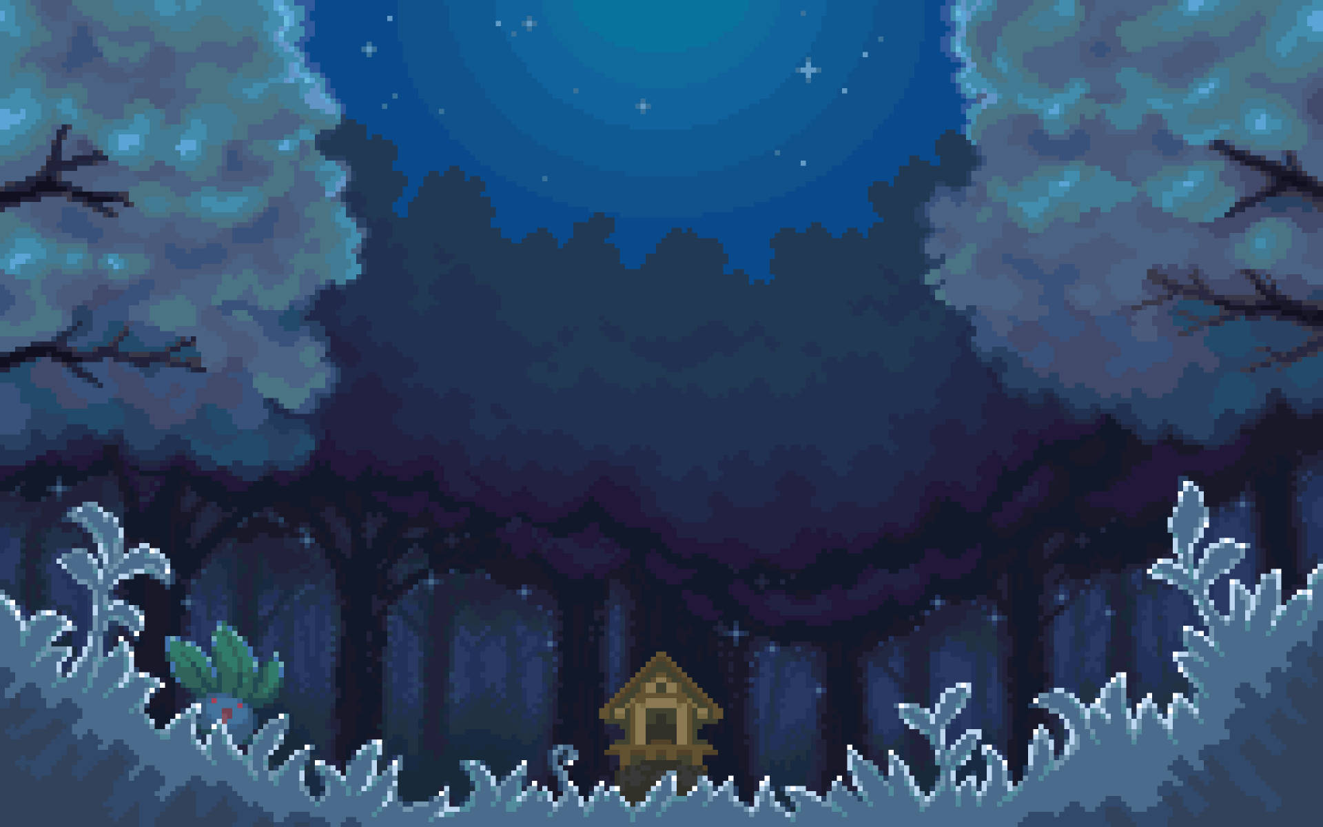 像素藝術 桌布 壁紙 — 一間像素藝術小屋坐落在雪地森林中，星空下閃爍著藍色光芒的樹木。