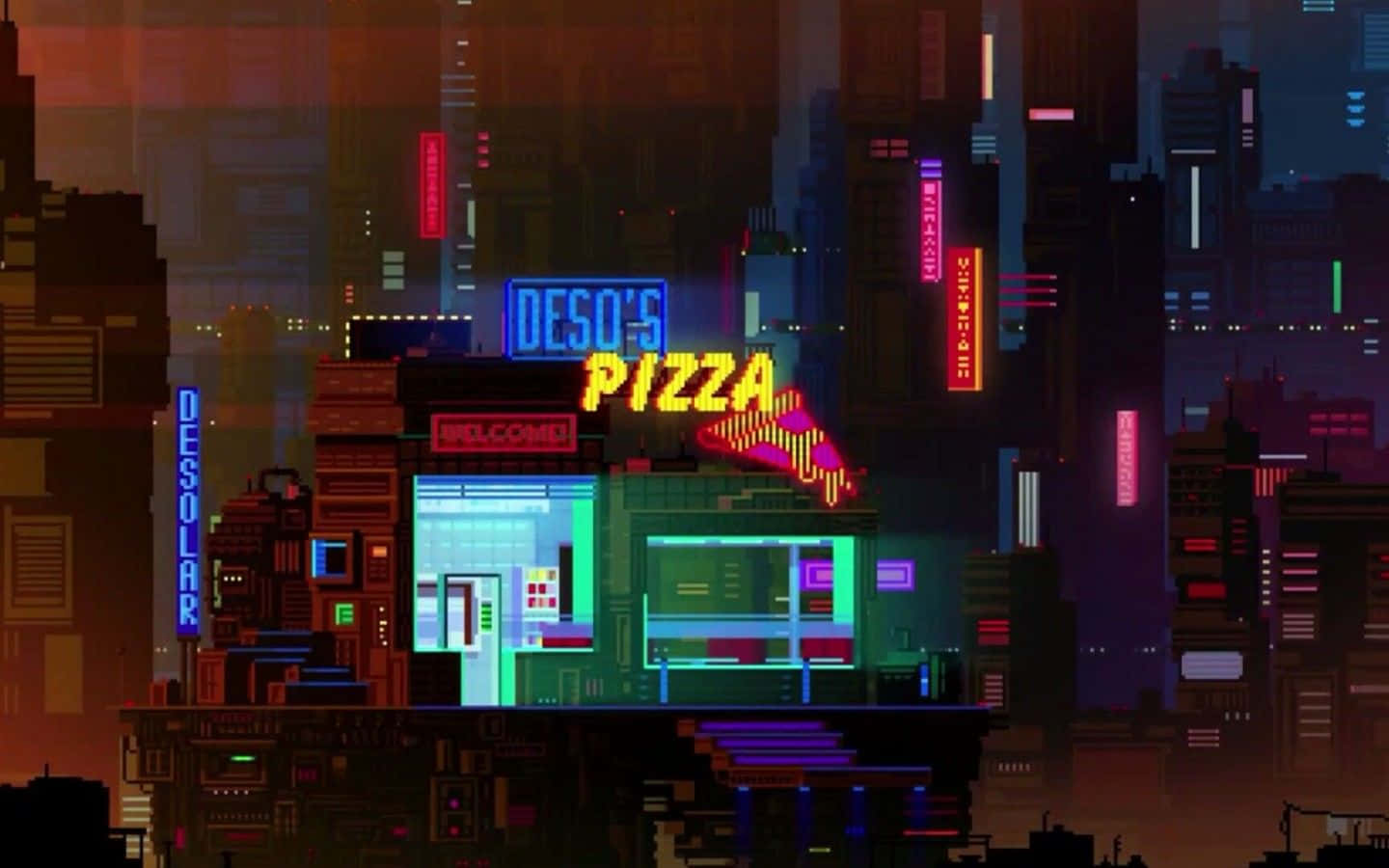 Pizza 桌布 壁紙 — 一間像素藝術風格的披薩店在黃昏的賽博龐克城市景觀中閃爍著霓虹燈招牌。
