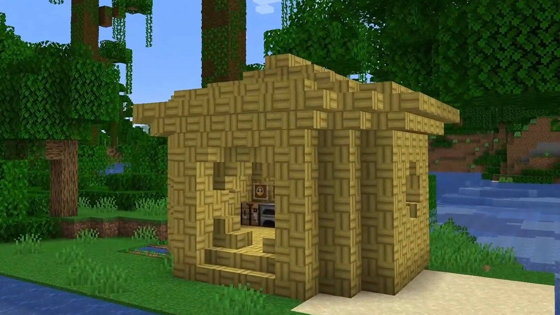高清 桌布 壁紙 — 一間像素風格的木屋，茅草屋頂，坐落在茂密的Minecraft森林中的河邊，天空湛藍清澈。