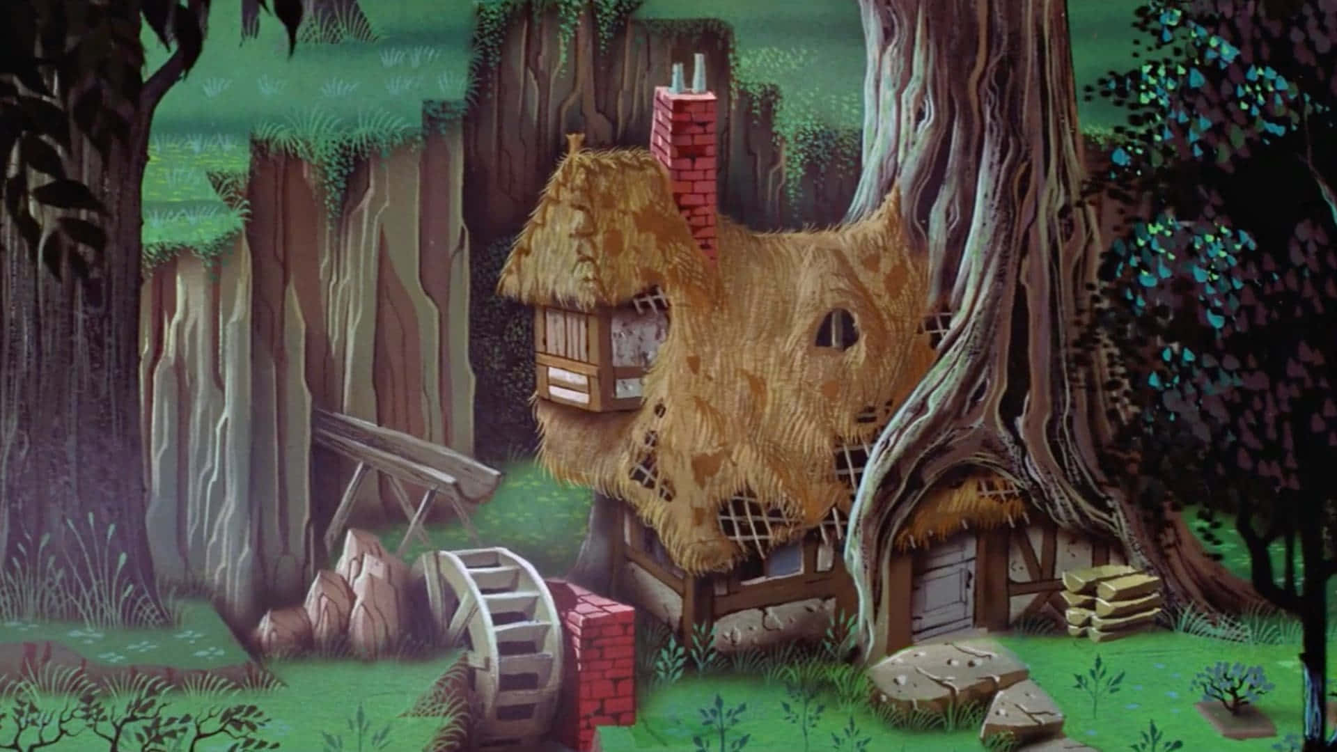 sleeping beauty 桌布 壁紙 — 一間充滿奇思妙想的樹屋，坐落在茂密的森林中，配有水車和石徑。