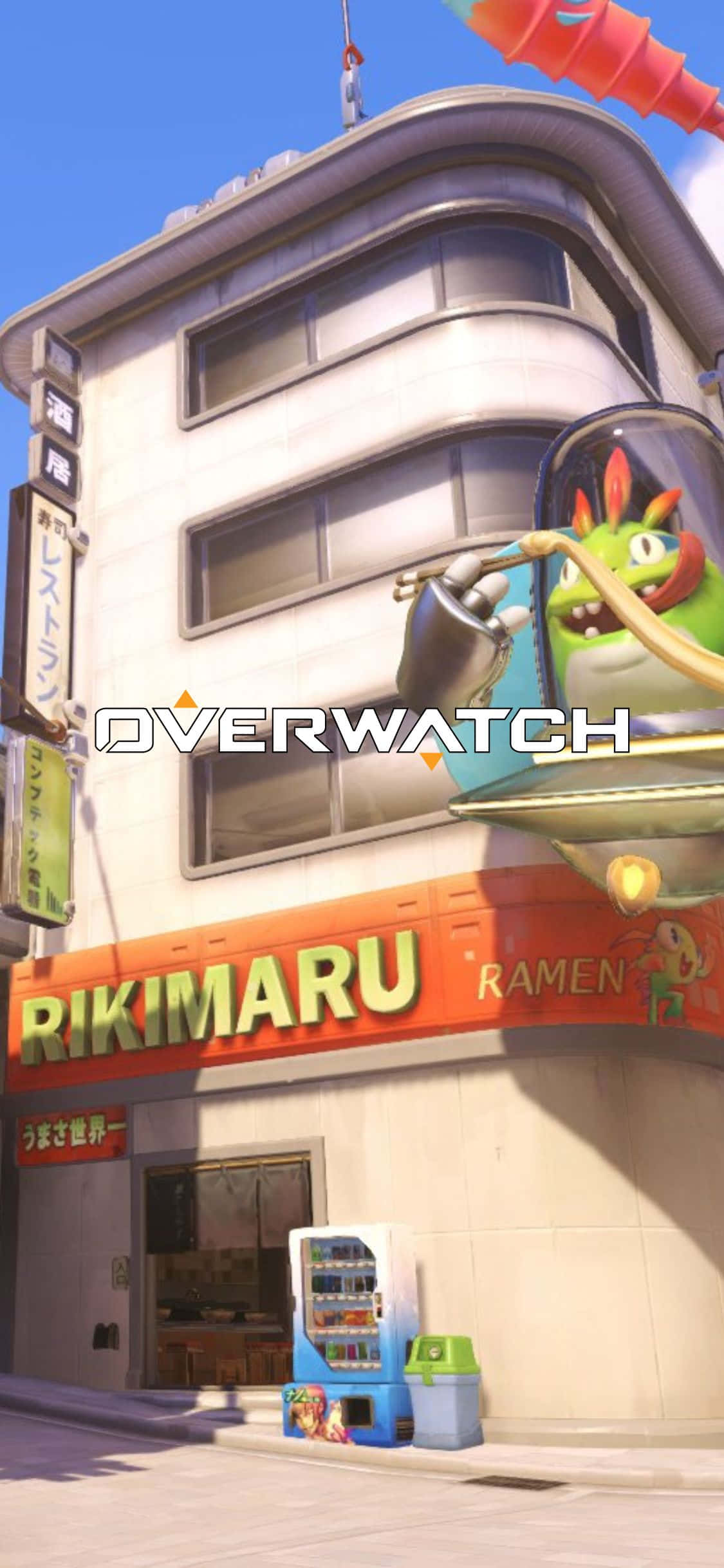 iPhone X Overwatch 桌布 壁紙 — 一間充滿活力的Overwatch拉麵店，綠色外星人吉祥物乘坐飛行器在復古日式建築上方。