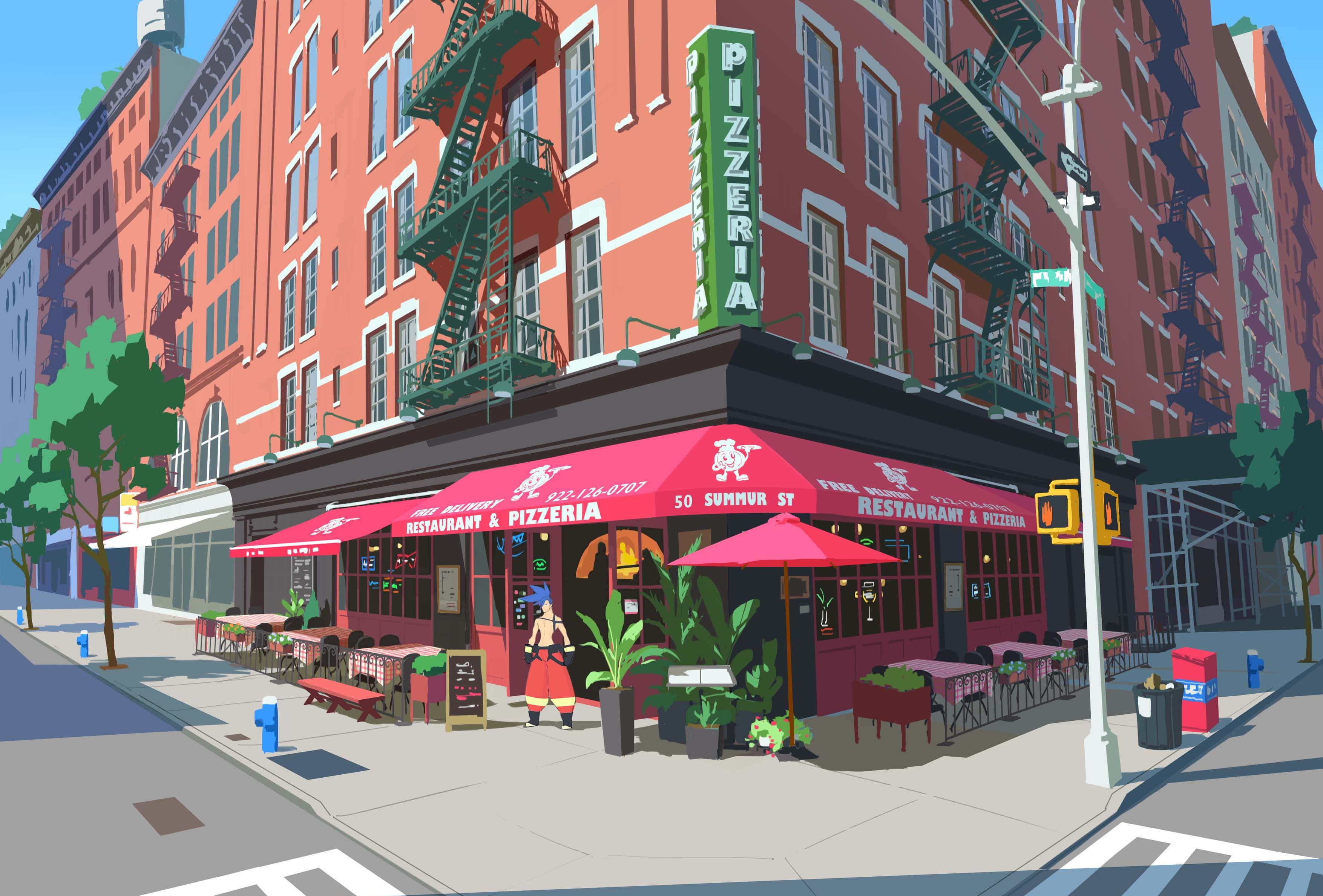 Promare 桌布 壁紙 — 一間充滿活力的卡通風格披薩店，位於陽光普照的街角，設有紅色遮陽篷和綠色防火梯。