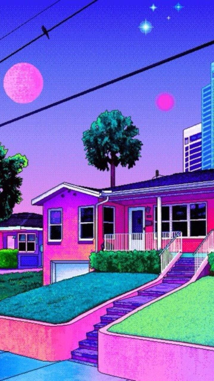 80s Anime Aesthetic 桌布 壁紙 — 一間充滿活力的粉紅色房子，帶有藍綠色草坪和紫色樓梯，在霓虹天空下，有粉紅色的月亮和星星。