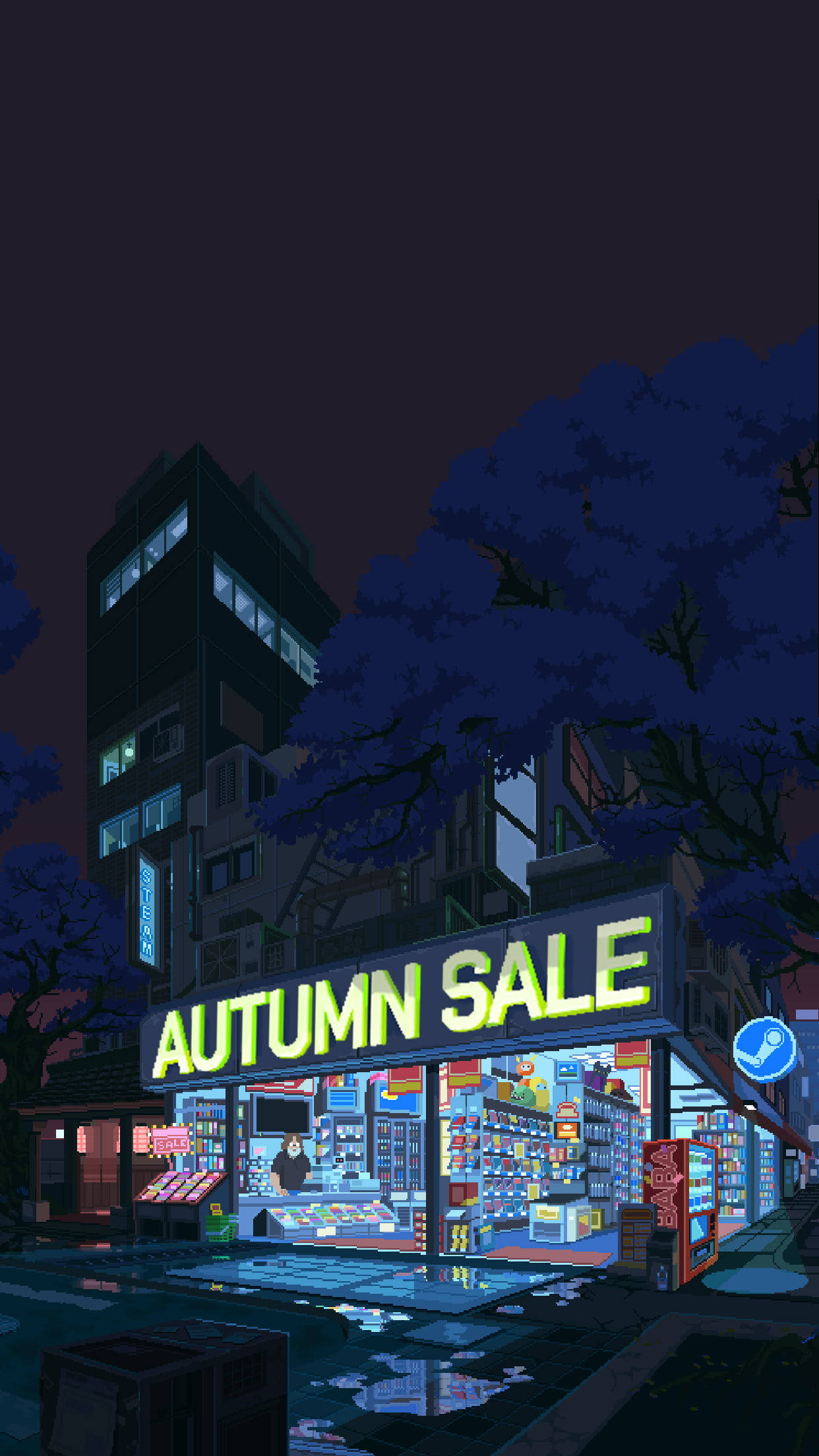 手機 桌布 壁紙 — 一間充滿活力的霓虹燈商店，帶有「AUTUMN SALE」標誌，在黑暗的城市夜空、紫色樹木和濕漉漉的人行道反射中發出誘人的光芒。