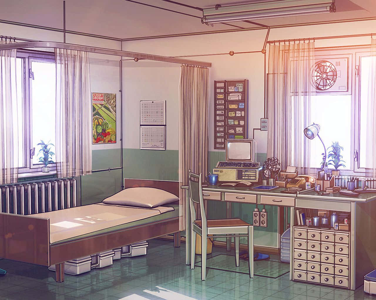 Aesthetic Anime Bedroom 桌布 壁紙 — 一間充滿陽光的復古醫院房間，內有床、書桌和一部浸浴在溫暖晨光中的復古電腦。