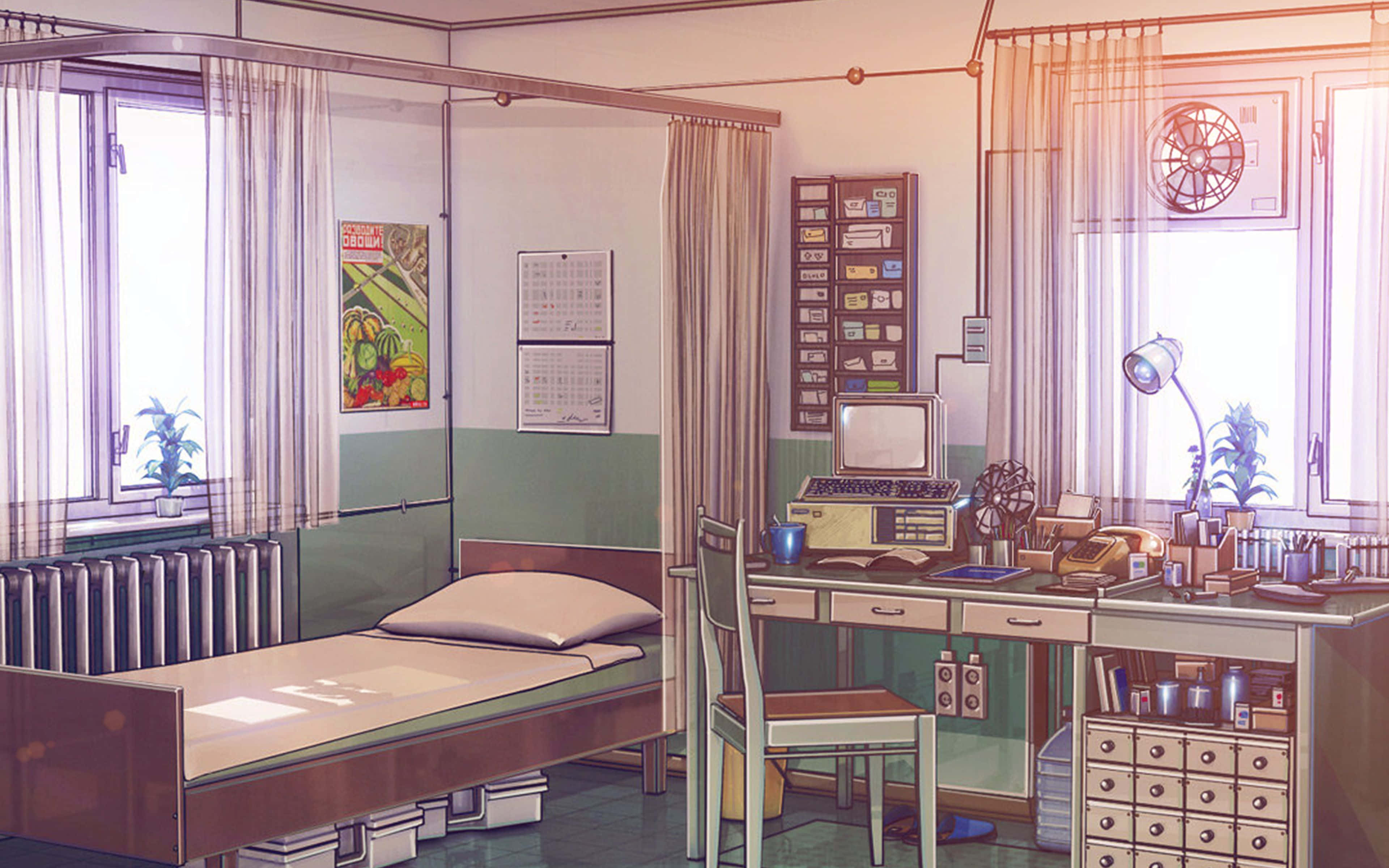 Kawaii Room 桌布 壁紙 — 一間充滿陽光的復古醫院房間，有床、雜亂的書桌和沐浴在溫暖晨光中的復古醫療設備。