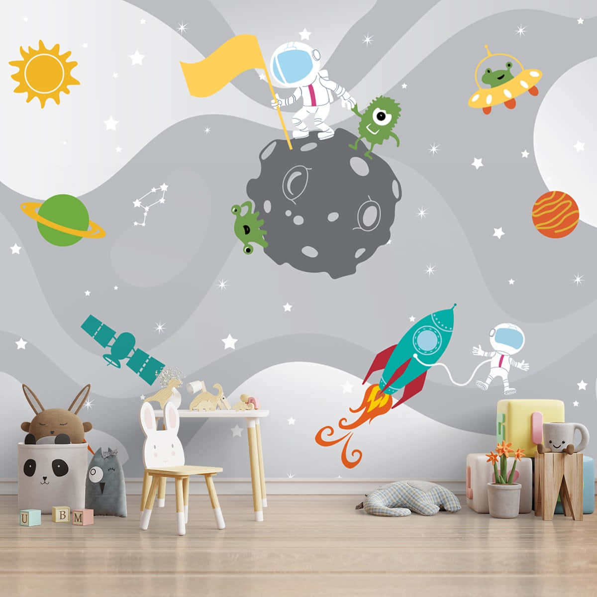 Cute Space 桌布 壁紙 — 一間兒童房，配有太空主題壁紙，上面有太空人、外星人、行星和火箭，背景是星光點點的灰色。