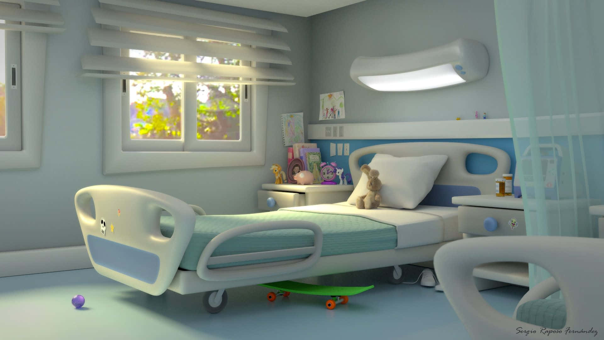 Hospital Bed 桌布 壁紙 — 一間兒童病房，內有白色床、藍色牆壁，陽光穿過窗戶照進來，窗外可見綠樹。