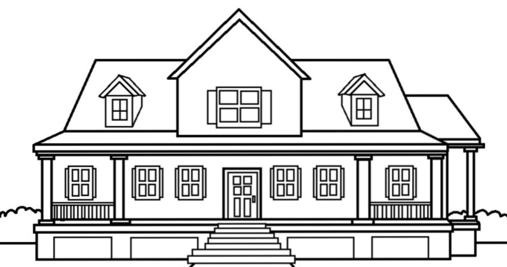 House Colouring 桌布 壁紙 — 一間兩層樓房屋的黑白線條圖，帶有前門廊樓梯和老虎窗。