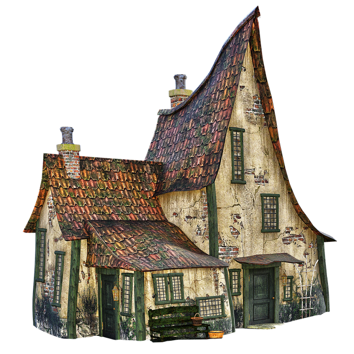 Village 桌布 壁紙 — 一間古怪歪斜的小屋，牆壁風化，屋頂鋪瓦，獨自矗立在純黑背景前。