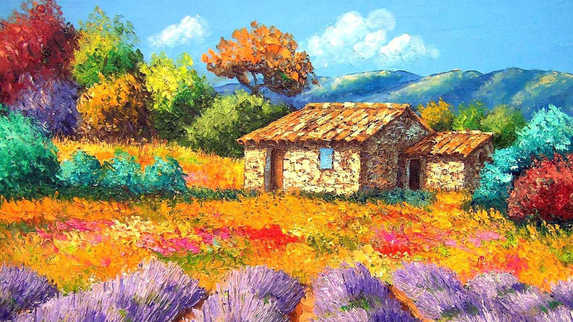 Beautiful Painting 桌布 壁紙 — 一間古樸的石屋坐落在充滿活力的薰衣草和野花田中，上方是藍天白雲。