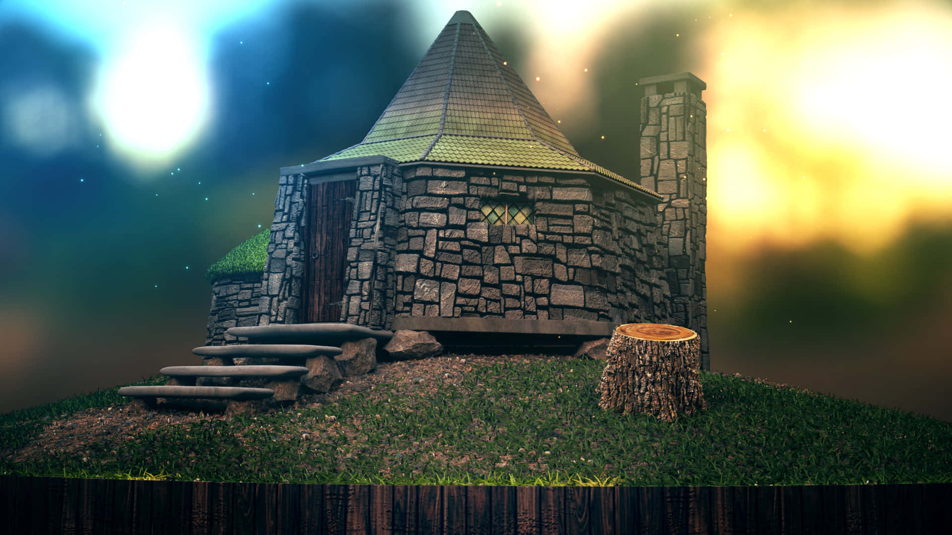 Hagrid's Hut 桌布 壁紙 — 一間古樸的石頭小屋，有著圓錐形屋頂，坐落在長滿青草的山丘上，天空在暮色中閃耀著藍色和金色的色調。