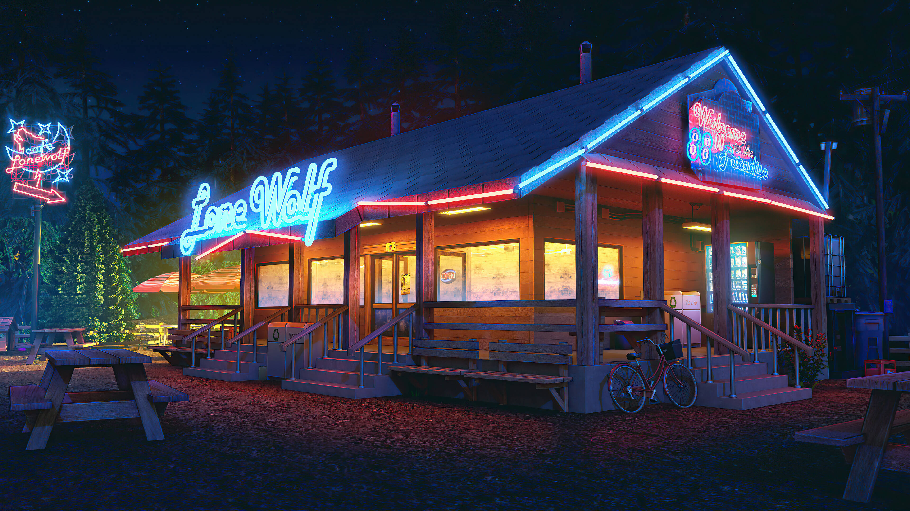 4K Neon 桌布 壁紙 — 一間名為 Lone Wolf 的舒適路邊餐廳，在松樹環繞的星空下閃爍著霓虹燈光。