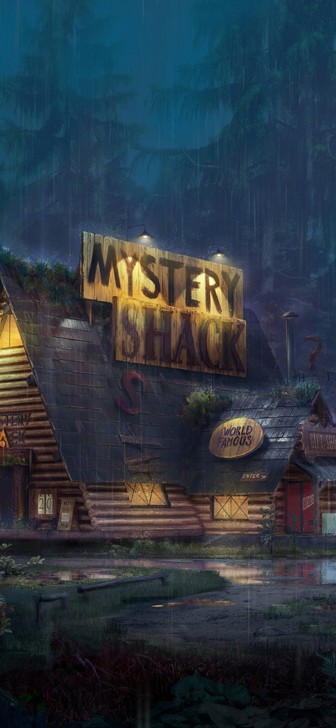 神秘小鎮大冒險 桌布 壁紙 — 一間名為 Mystery Shack 的雨淋木屋在夜晚黑暗的森林樹冠下溫暖地發光。