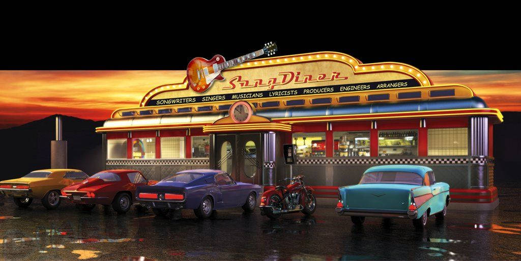 Diner 桌布 壁紙 — 一間名為Song Diner的復古餐廳，帶有吉他標誌，在夕陽天空下閃耀，經典汽車和摩托車在濕漉漉的路面上反射。