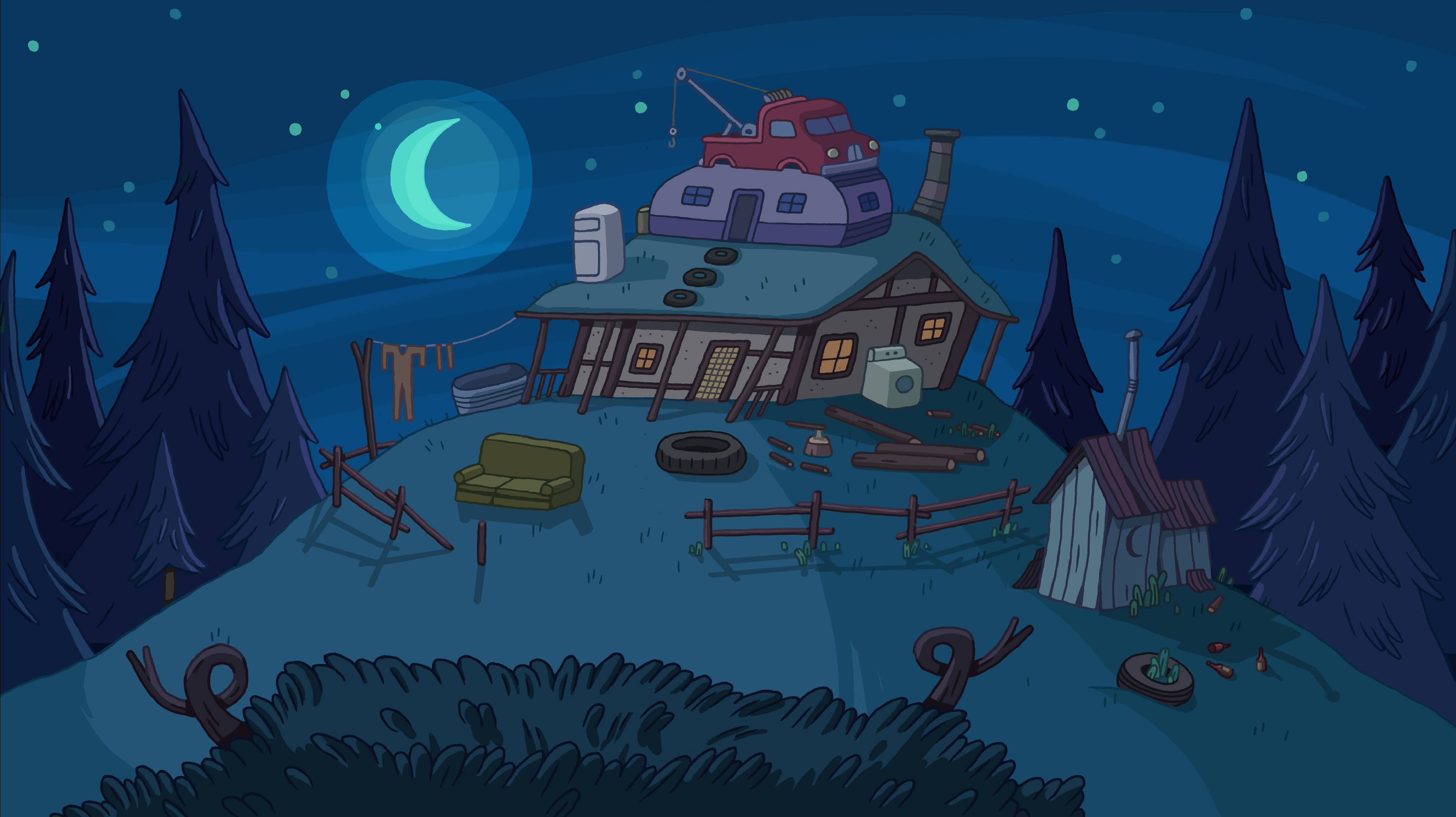 adventure 桌布 壁紙 — 一間奇幻卡通小屋坐落在月光照耀的森林中，屋頂上有一輛紅色卡車，上方有一彎新月閃耀。