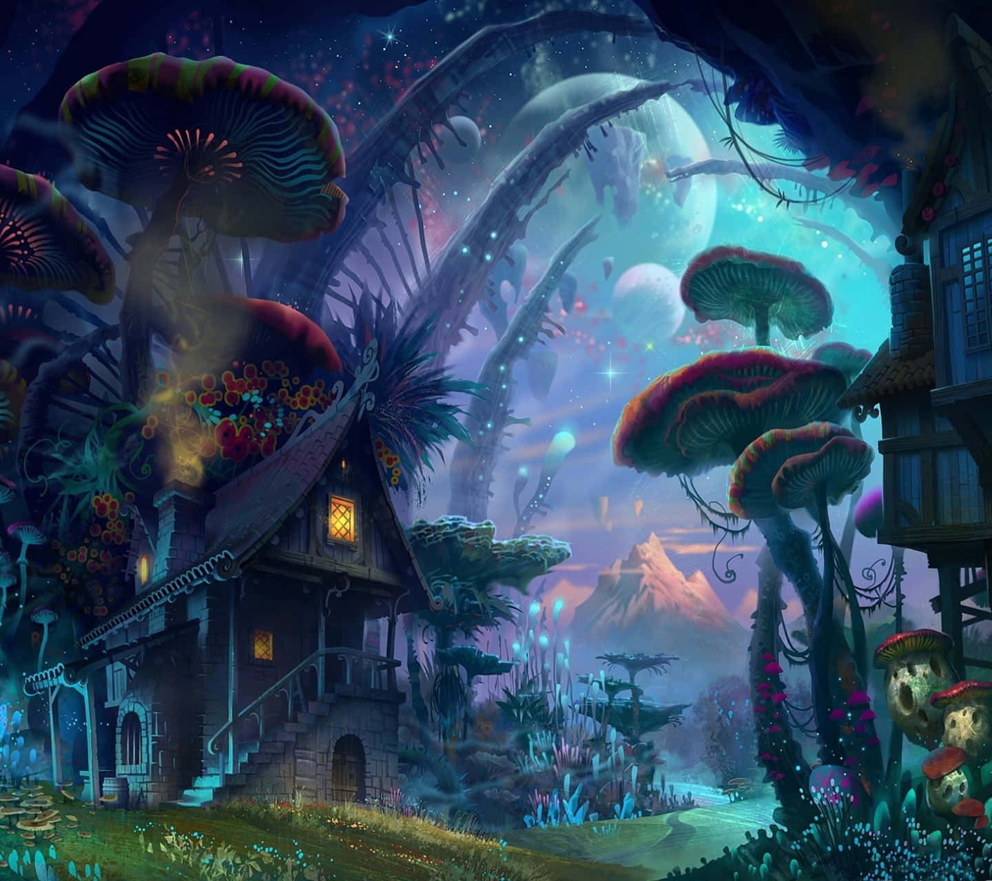 Trippy Art 桌布 壁紙 — 一間奇幻小屋坐落在巨大發光蘑菇之間，星空暮色下漂浮著光球。