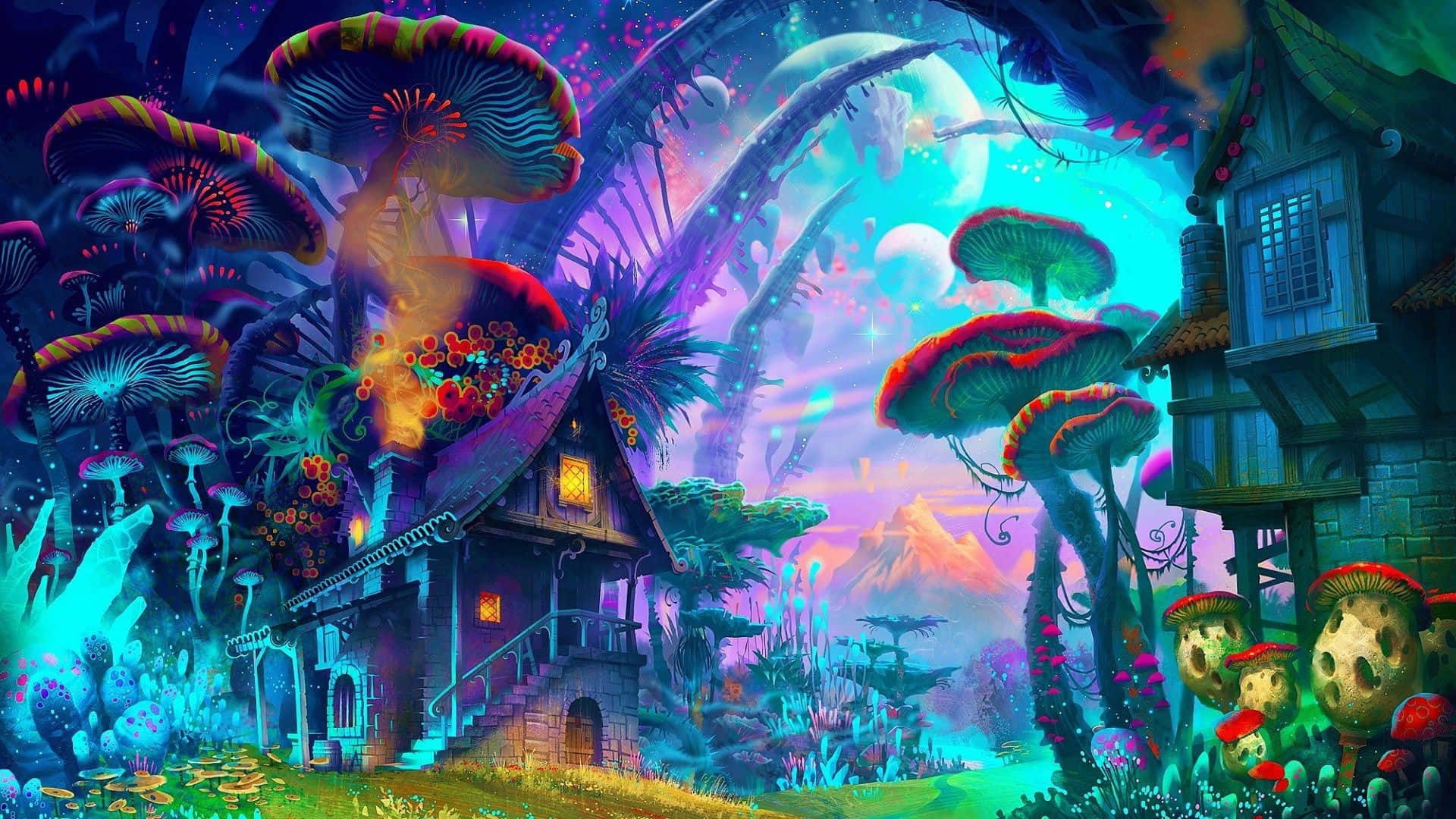 太空 桌布 壁紙 — 一間奇幻小屋坐落於巨型發光蘑菇之間，上方是超現實的暮色天空。