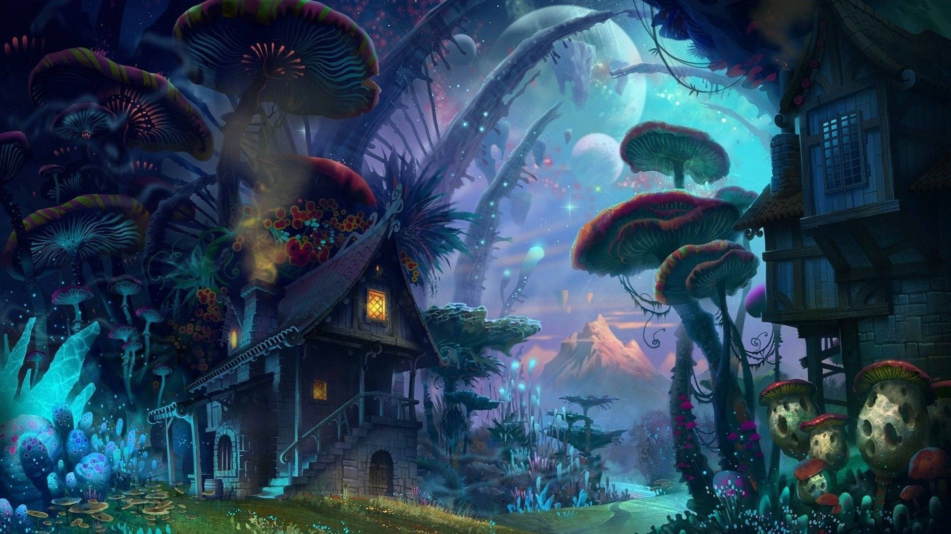 奇幻 桌布 壁紙 — 一間奇幻小屋隱藏在巨型發光蘑菇之間，上方是繁星點點的外星天空，漂浮著球體。