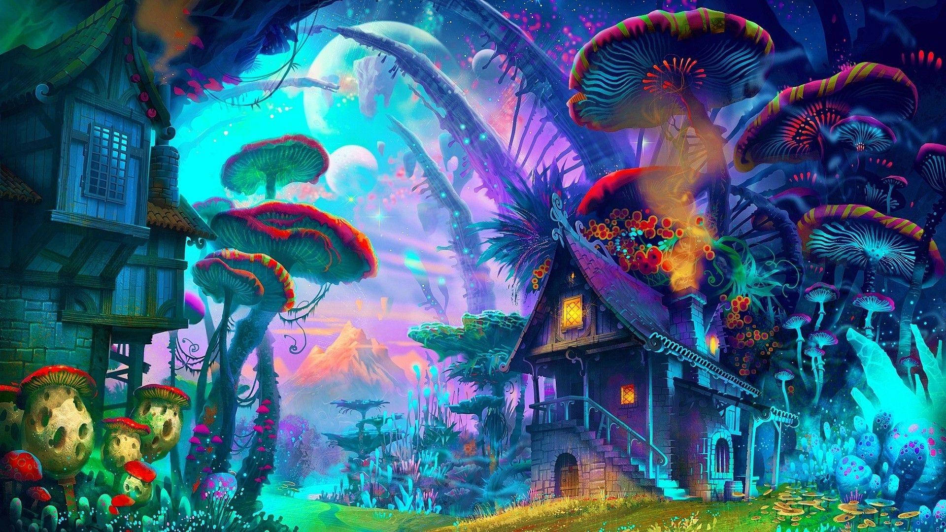 Psychedelic Mushroom 桌布 壁紙 — 一間奇幻小屋隱藏在巨大發光蘑菇之中，下方是超現實的外星天空，漂浮著球體。