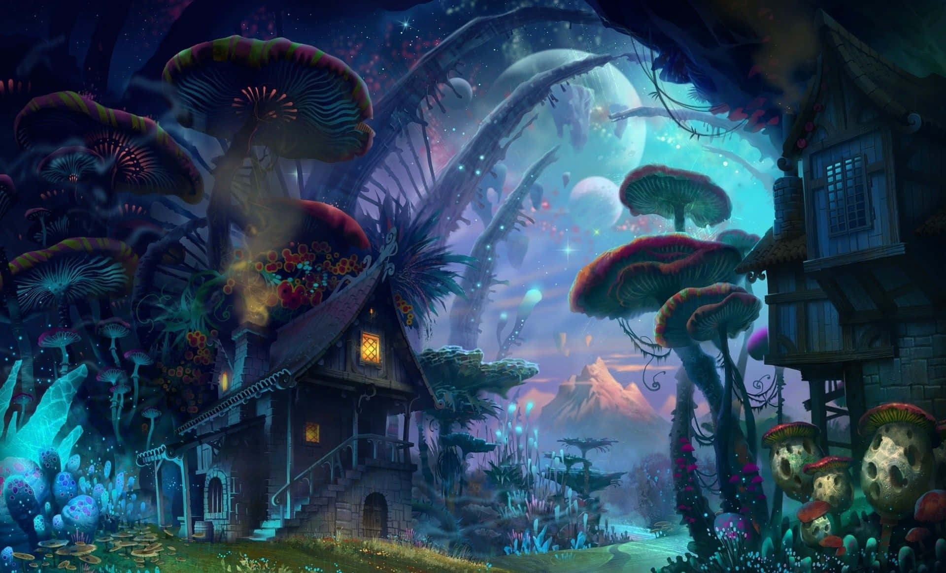 Illustration 桌布 壁紙 — 一間奇幻小屋隱藏在巨大發光蘑菇之間，下方是佈滿星星的外星天空，還有漂浮的月亮。