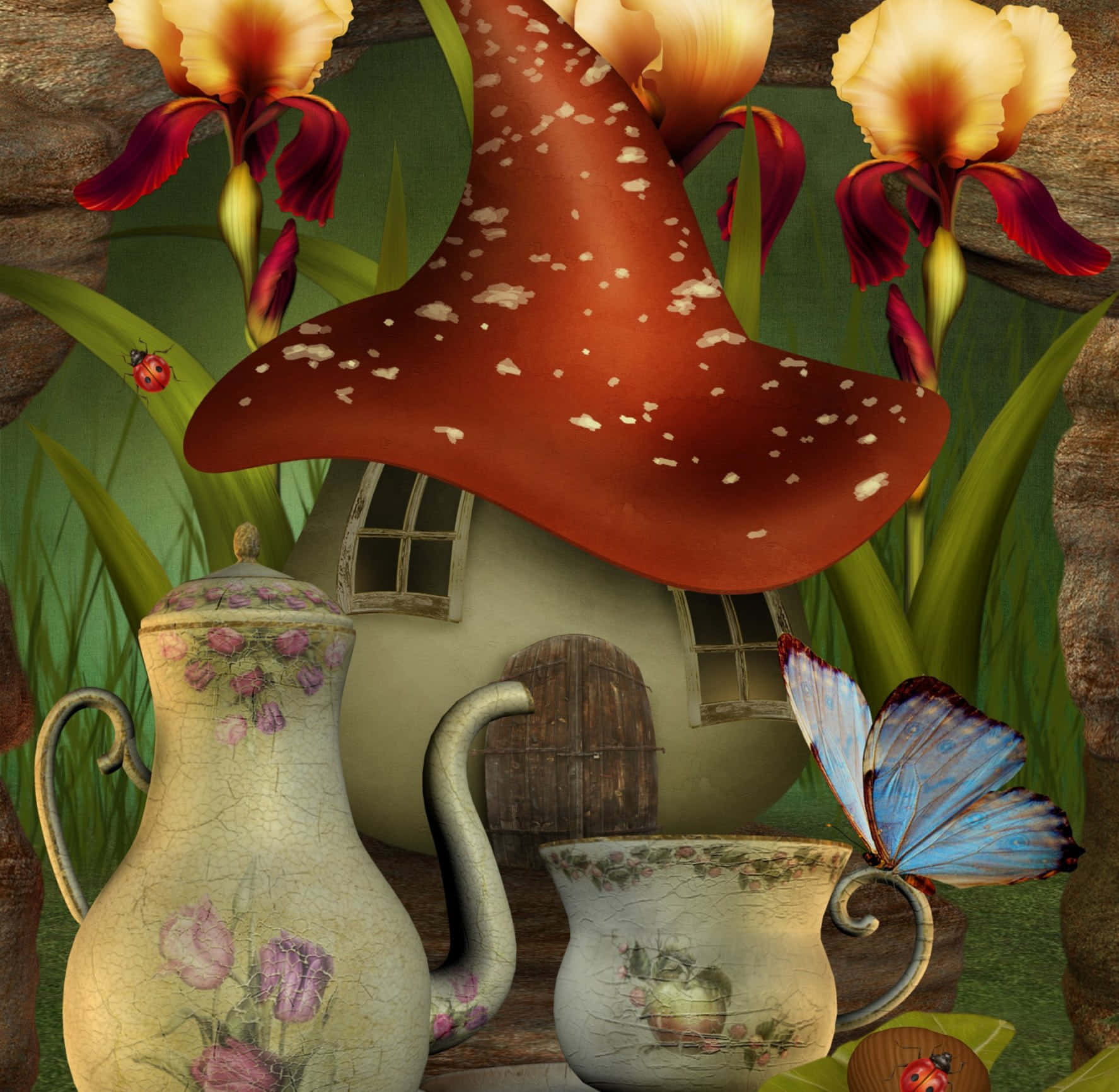 Kawaii Mushroom 桌布 壁紙 — 一間奇幻的仙子屋，有紅色圓點蘑菇屋頂，隱藏在鳶尾花和復古花卉茶壺之間。