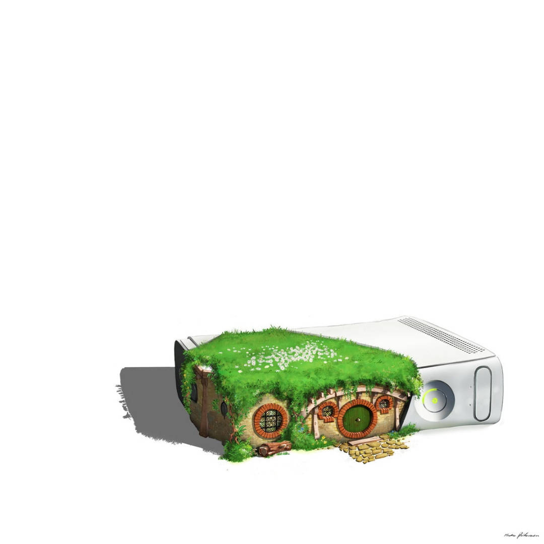 Xbox 桌布 壁紙 — 一間奇幻的哈比人小屋從白色Xbox主機頂部長出，背景為純白色。