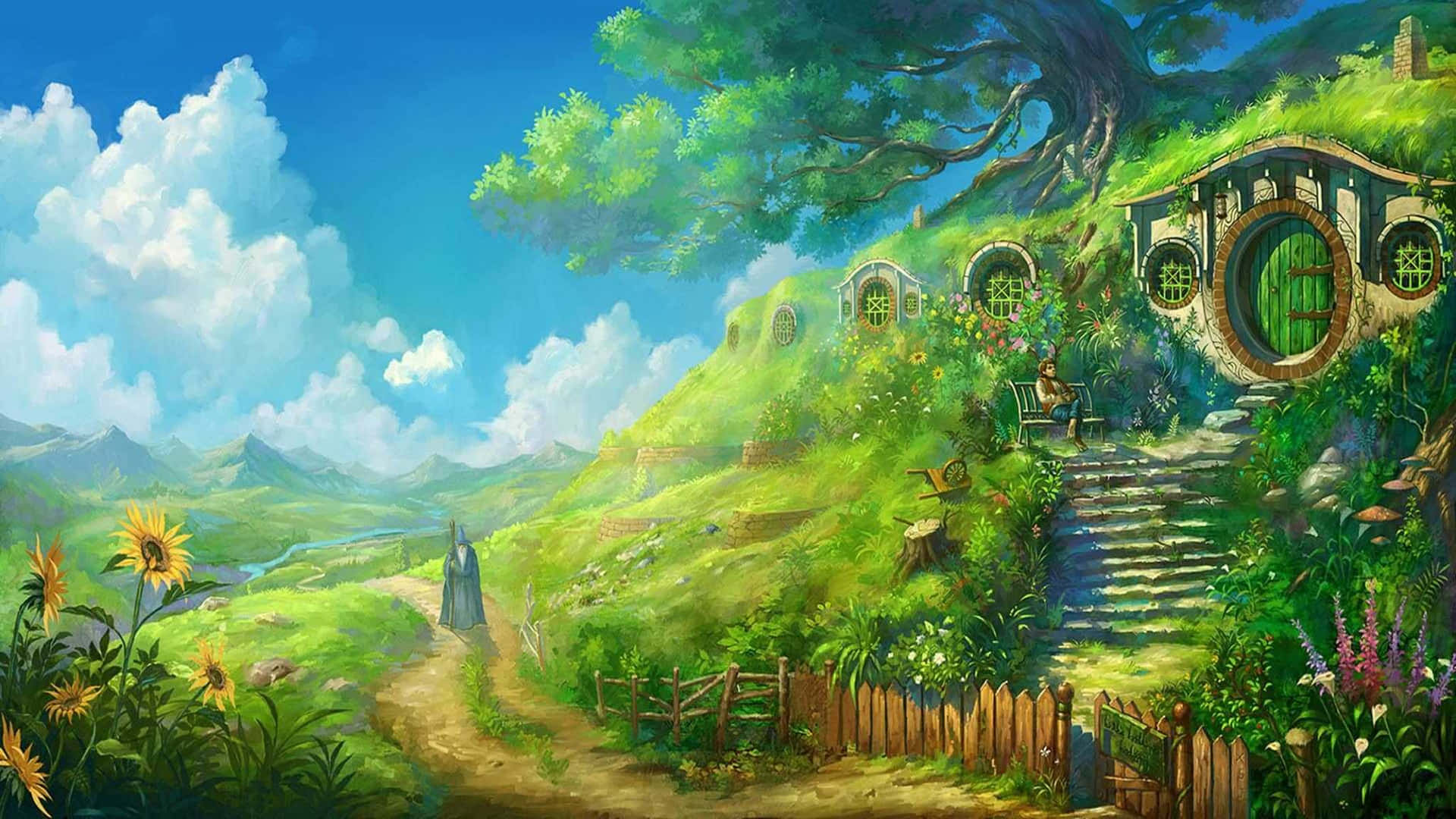 吉卜力工作室 桌布 壁紙 — 一間奇幻的哈比屋，坐落在茂密的綠色山坡上，上方是晴朗的藍天和蓬鬆的白雲。
