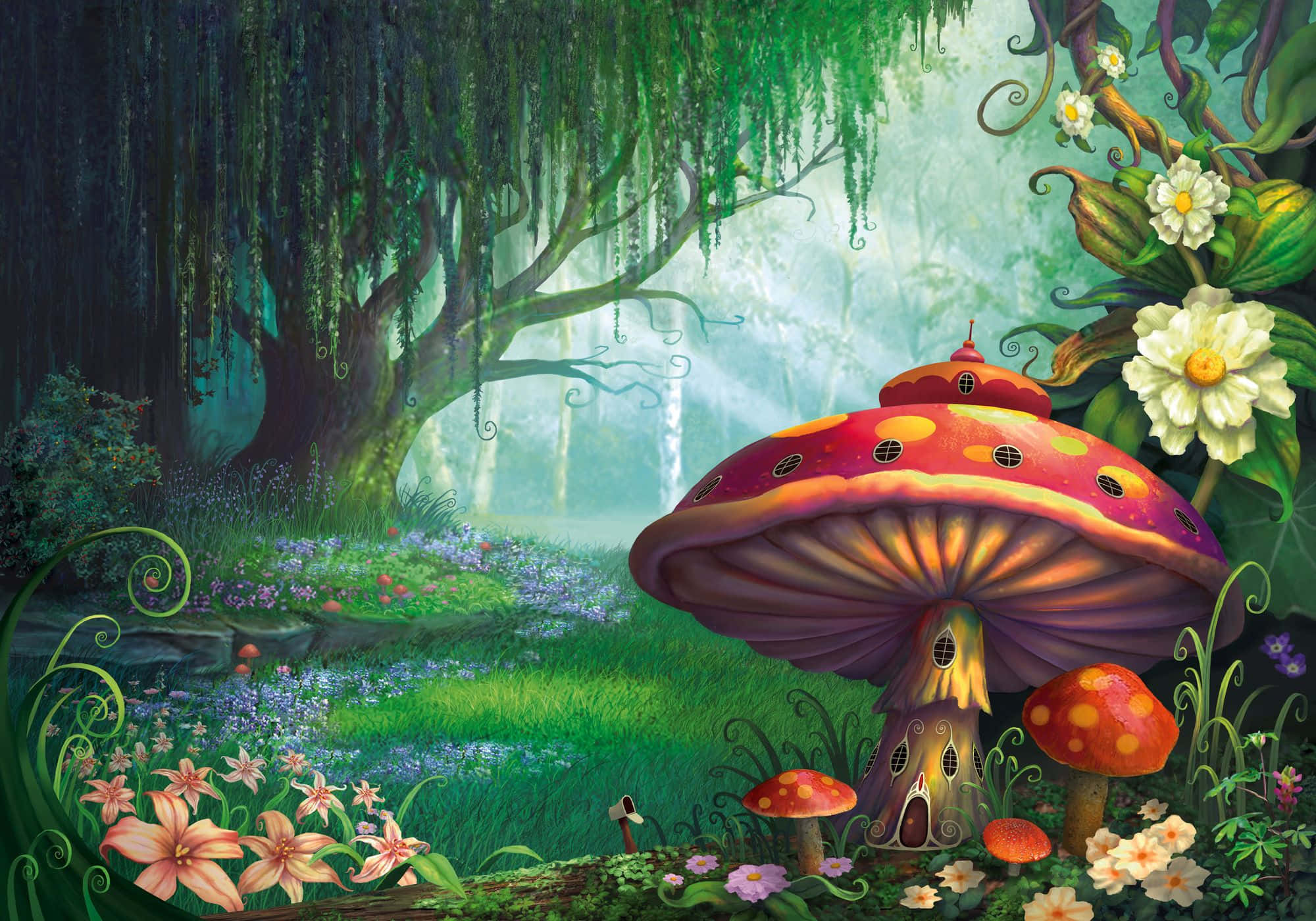 Enchantment 桌布 壁紙 — 一間奇幻蘑菇屋坐落於茂密的魔法森林中，周圍環繞著層疊的藤蔓和發光的花朵。