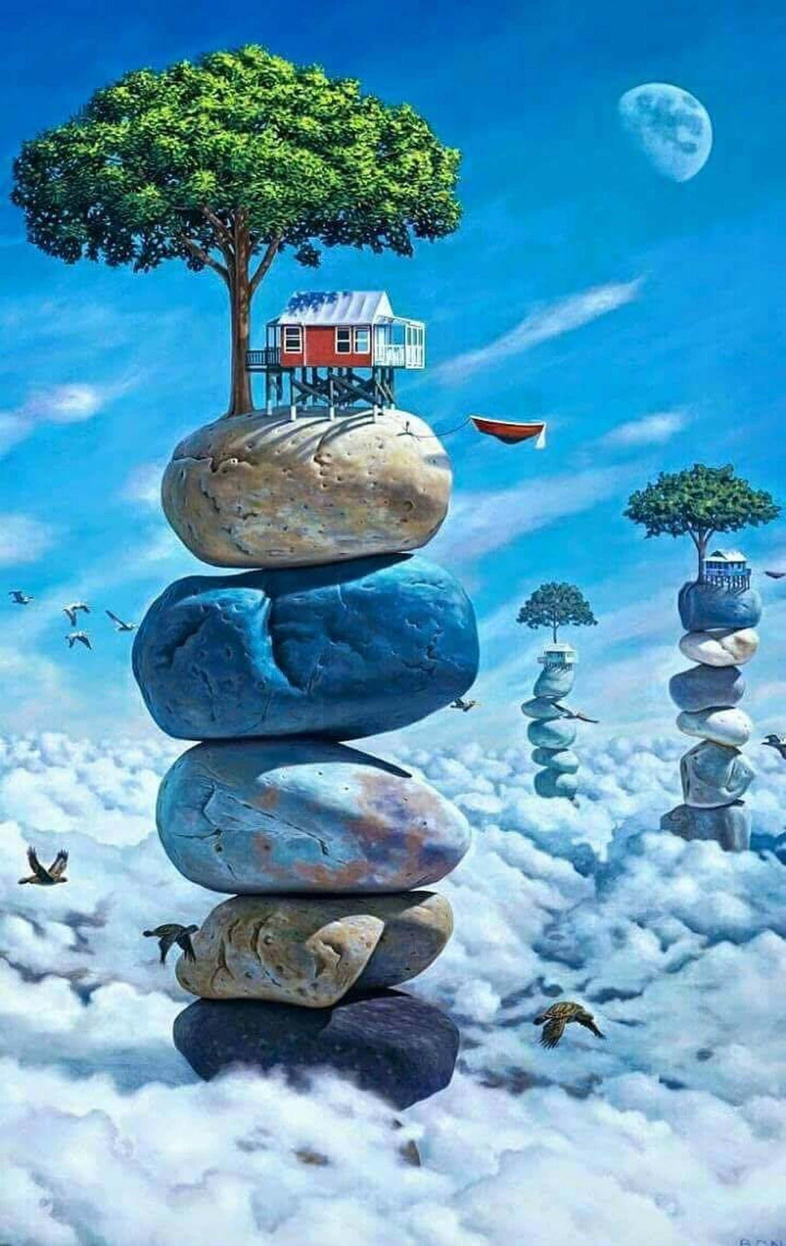Realism 桌布 壁紙 — 一間奇特的紅色小屋棲息在一個高聳的石堆頂端，漂浮在蓬鬆的雲朵中，下方是帶有彎月的明亮藍天。