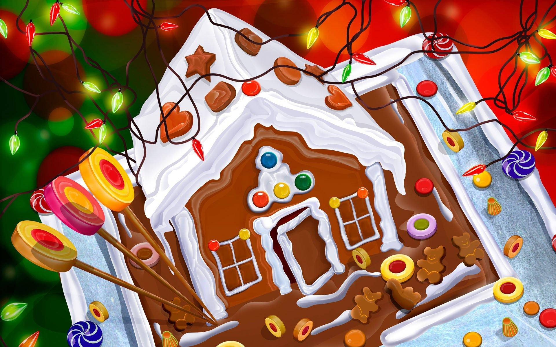 Gingerbread House 桌布 壁紙 — 一間奇特的薑餅屋，飾有糖果裝飾和彩色燈光，背景是節日模糊的。