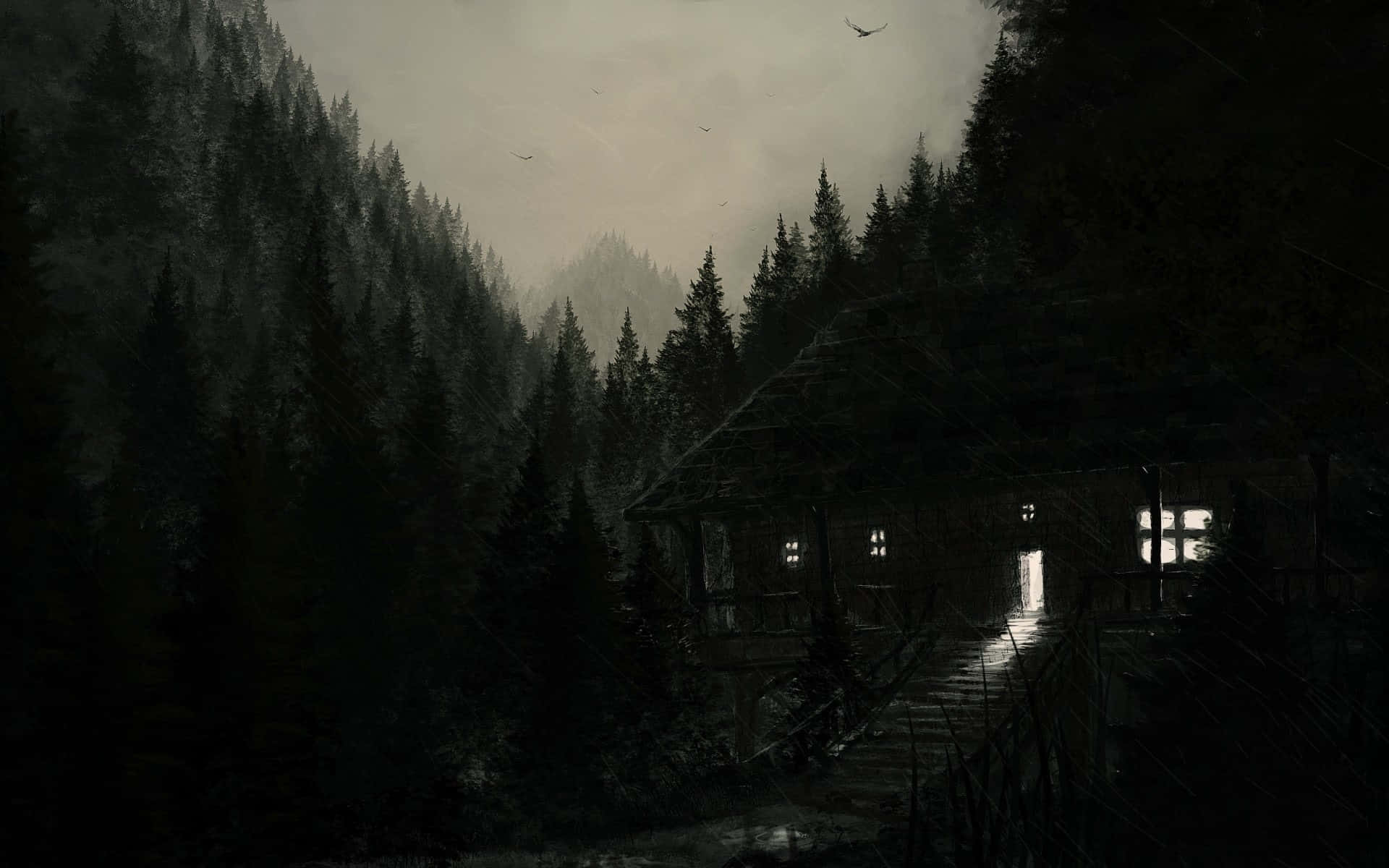 Unsettling 桌布 壁紙 — 一間孤獨、燈光昏暗的木屋，坐落在迷霧籠罩、陰影重重的森林中，鳥兒在頭頂飛翔。