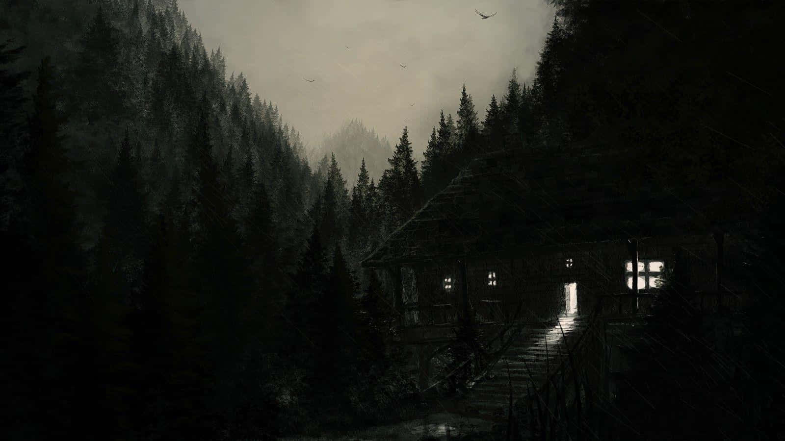 Obscure 桌布 壁紙 — 一間孤獨的小屋坐落在夜晚霧濛濛的森林中，發光的窗戶將光線投射在木樓梯上。