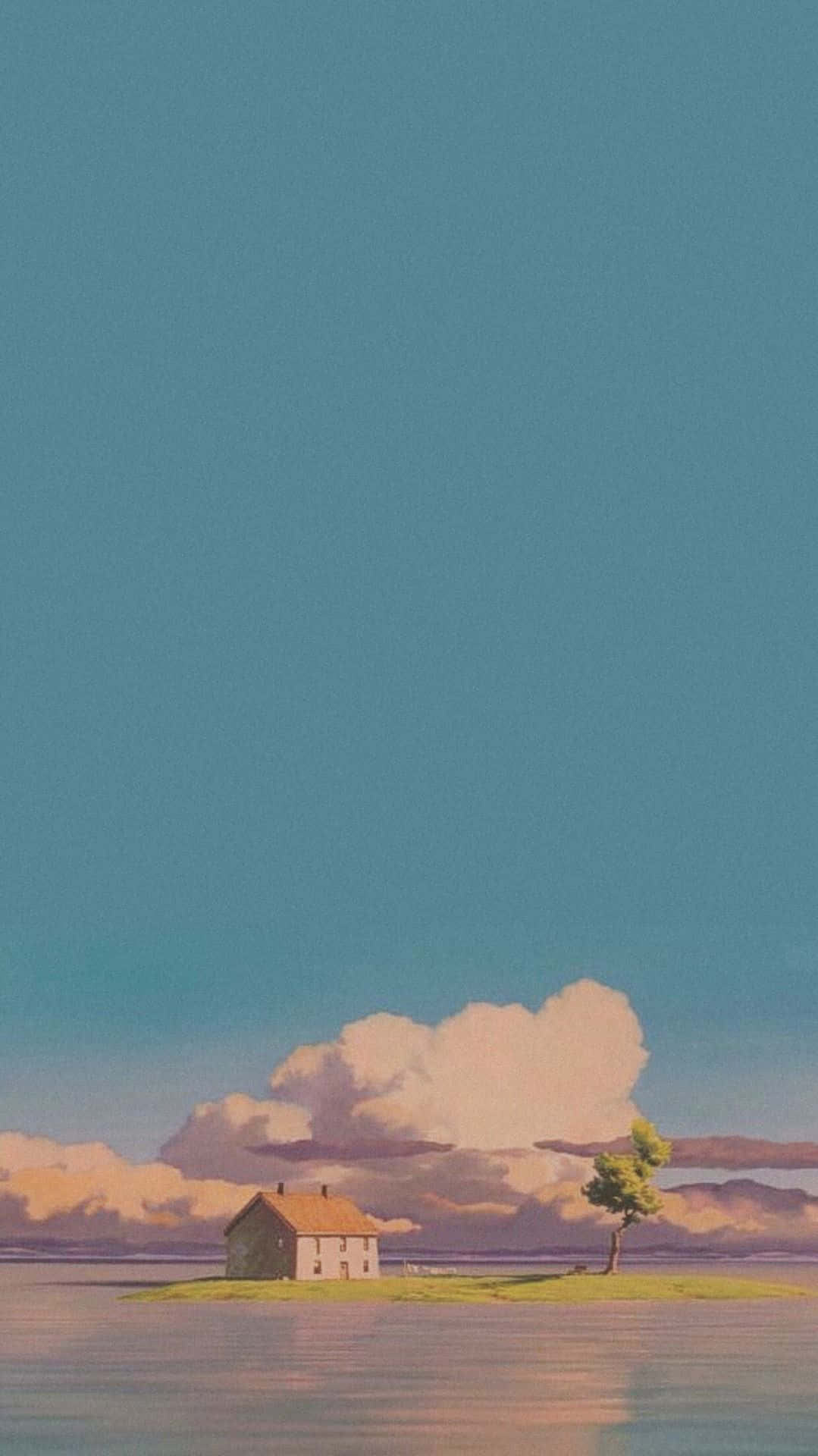 Aesthetic Ghibli 桌布 壁紙 — 一間孤獨的房屋和一棵樹坐落於平靜水面上的一個小草島上，上方是廣闊的藍天和柔軟的白雲。