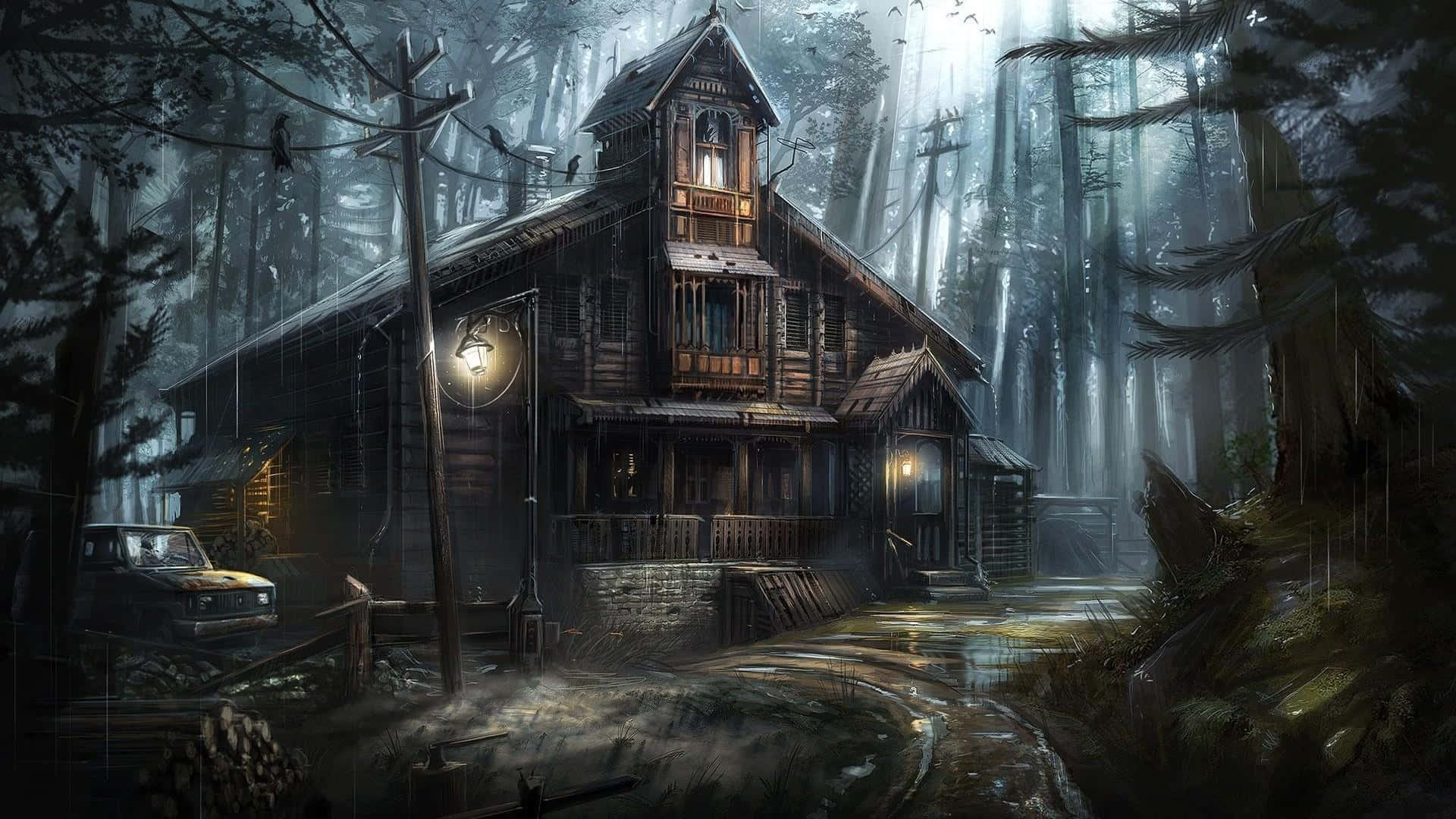 haunted 桌布 壁紙 — 一間孤獨的木屋在霧氣瀰漫、雨水浸透的森林中溫暖地發光，電線上棲息著鳥兒，附近停著一輛復古汽車。