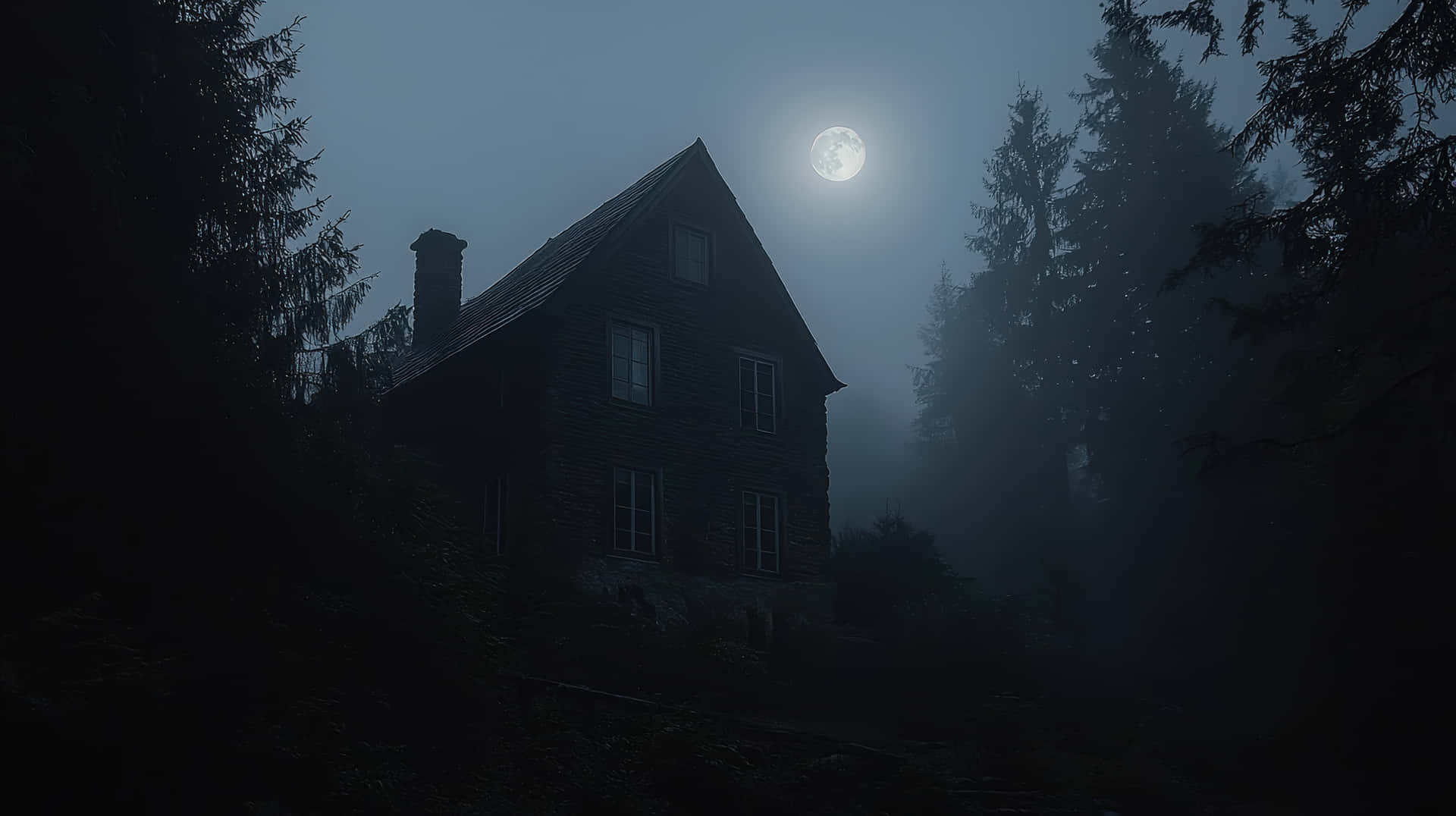 Mysterious Haunted House in Dark Foggy Forest with Full Moon at Night 壁紙 — 一間孤獨的木屋聳立在迷霧中，在明亮的滿月下，四周環繞著高聳的松樹。