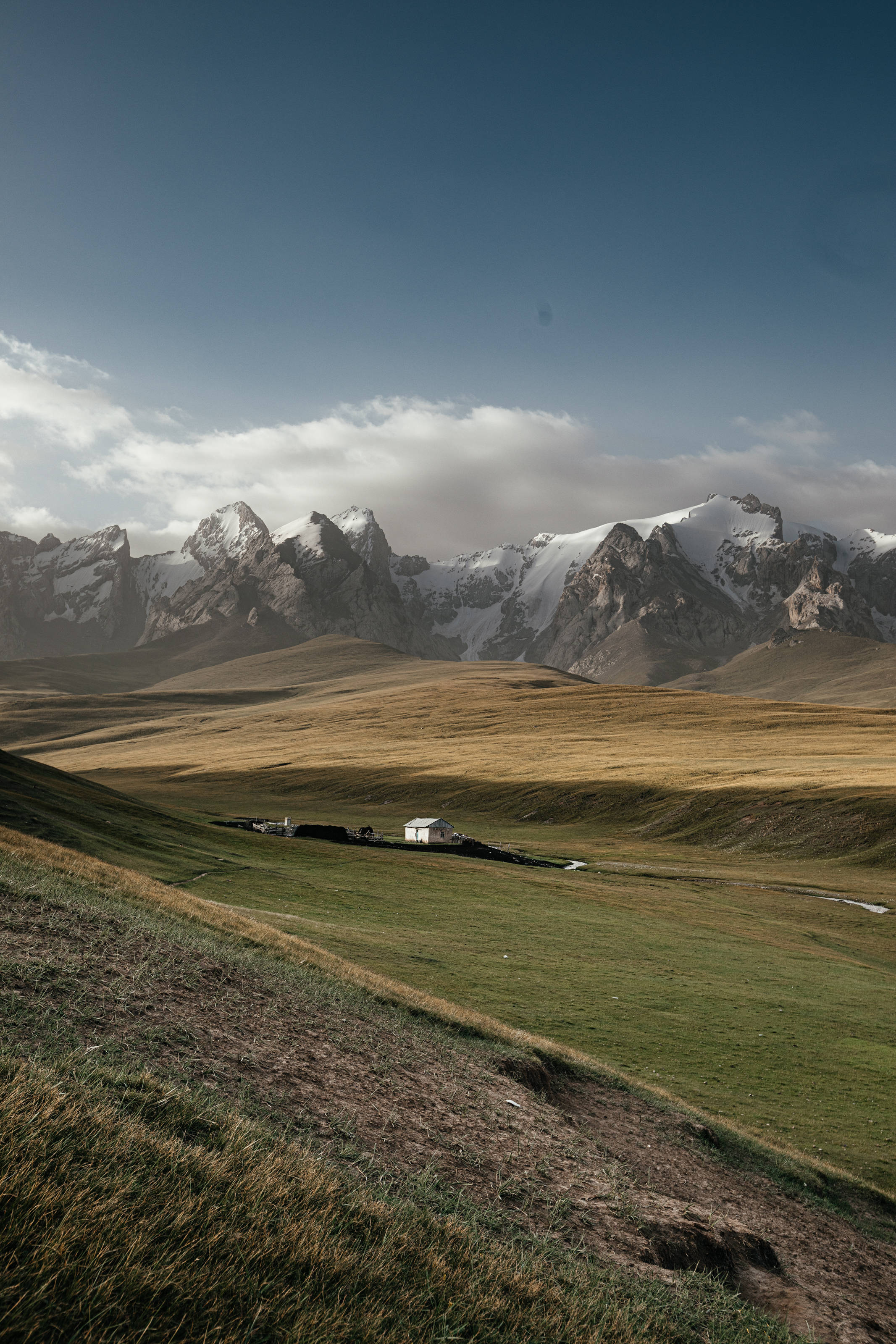 Kyrgyzstan 桌布 壁紙 — 一間孤獨的白色房屋坐落在金色草原中，白雪覆蓋的山峰在廣闊的藍天下雄偉地聳立。