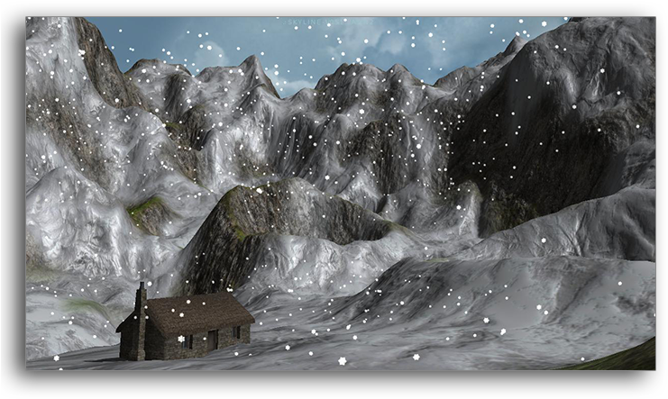 Particles 桌布 壁紙 — 一間孤獨的石屋坐落在白雪覆蓋的山谷中，天空多雲，雪花飄落。