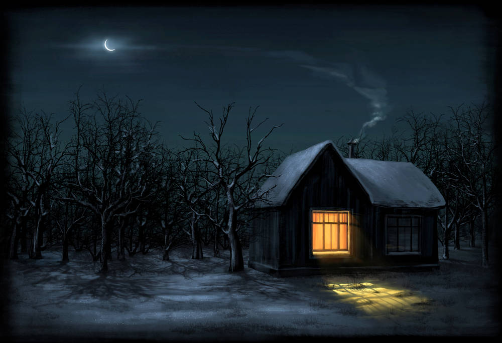 Winter House 桌布 壁紙 — 一間孤獨的雪覆蓋小屋在彎月下溫暖地發光，周圍是光禿禿的冬季樹木。